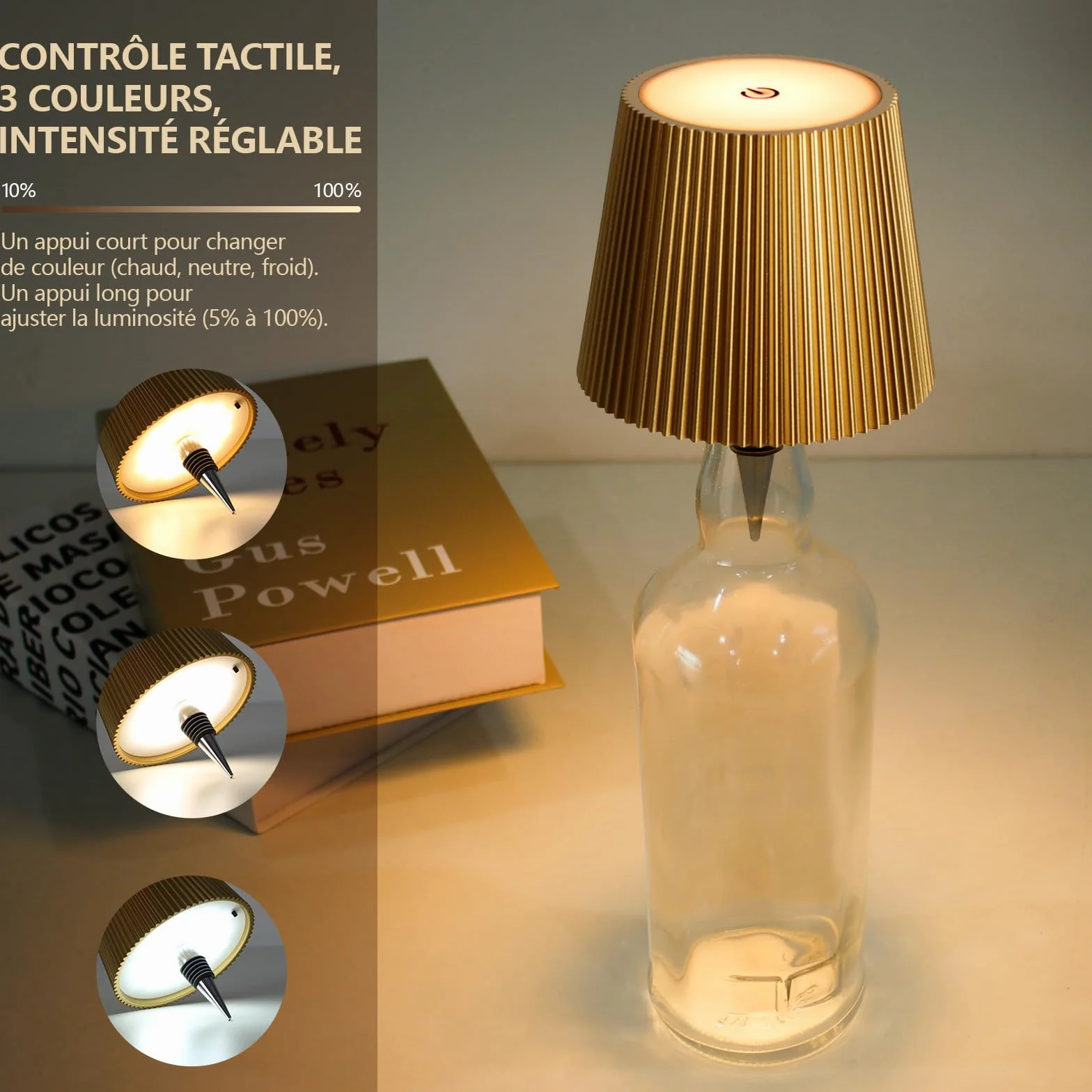 Lampe LED décorative dorée Rechargeable USB-C Sans fil IP54 3 températures réglables pour récipient en verre à goulot standard Table Balcon Terrasse Camping