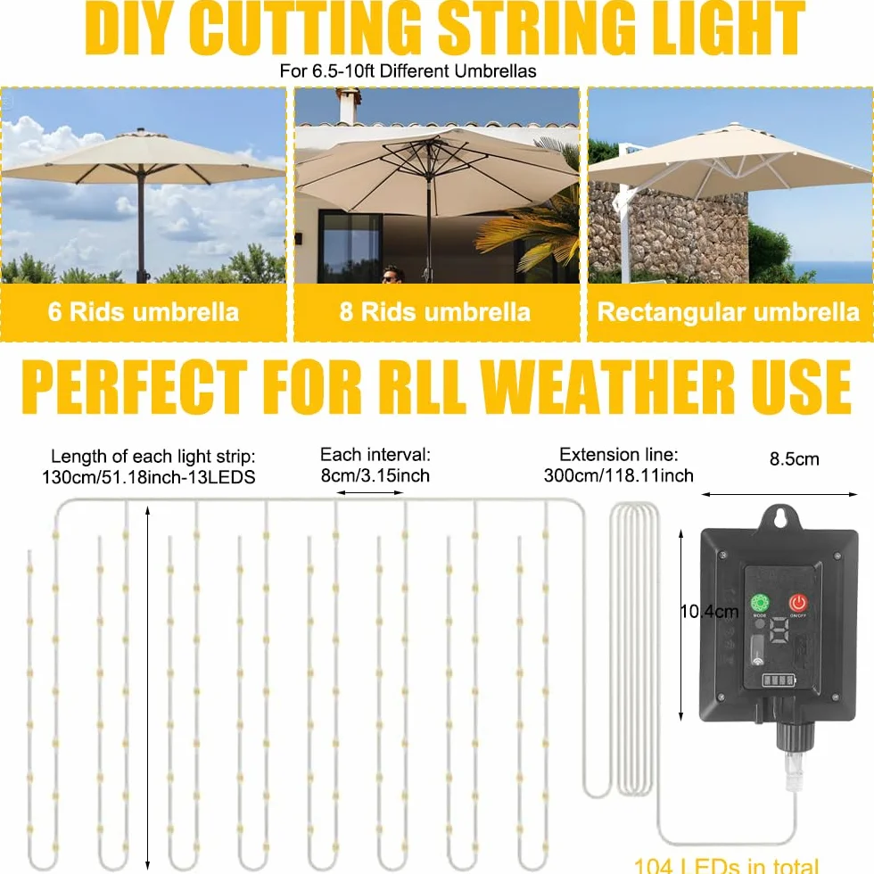 Lampes Solaires pour Parasol 104 LED 8 Modes Télécommande USB Jardin