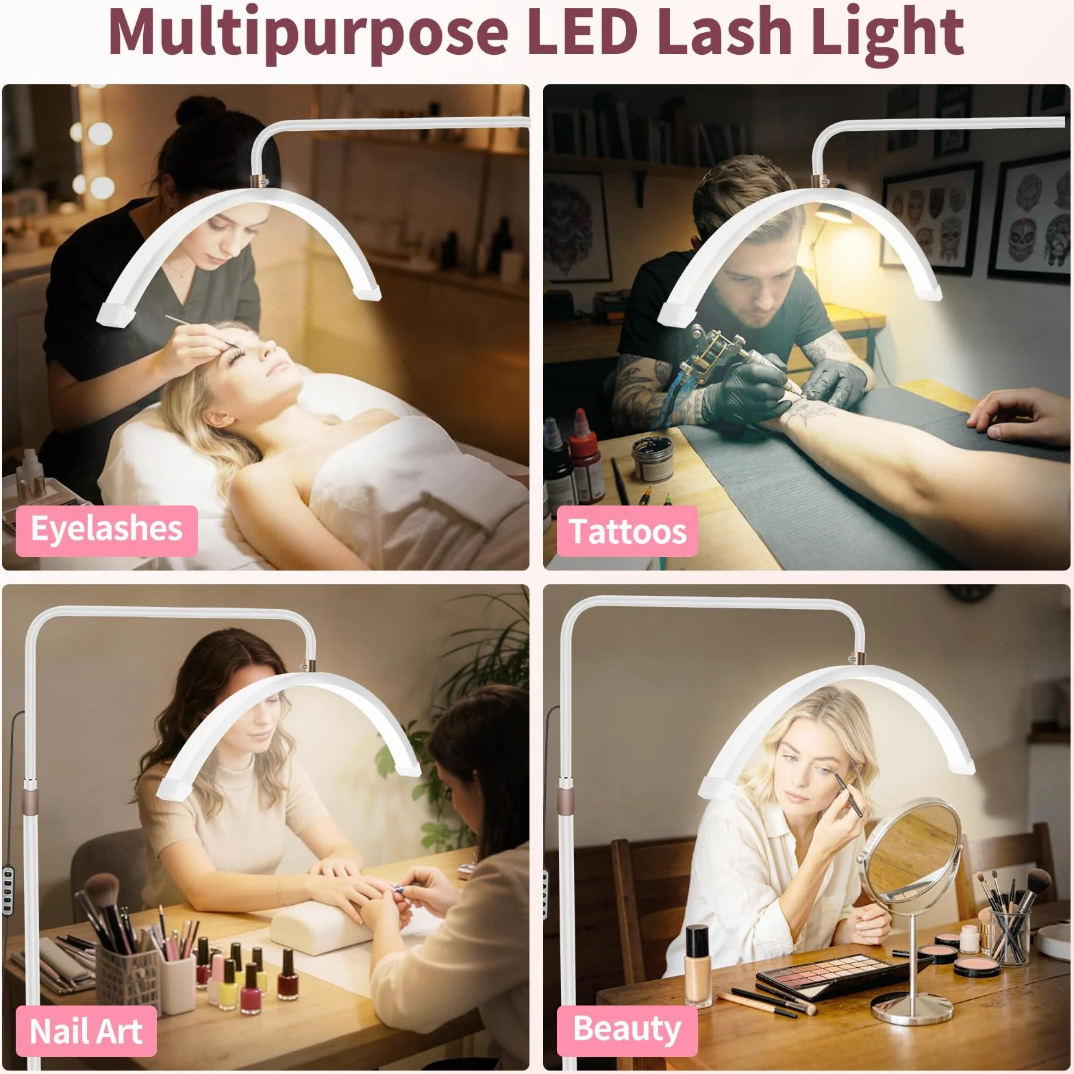 Lampe Demi Lune Extension De Cils Luminosité réglable Support pour téléphone Tête Rotative 360° Blanc