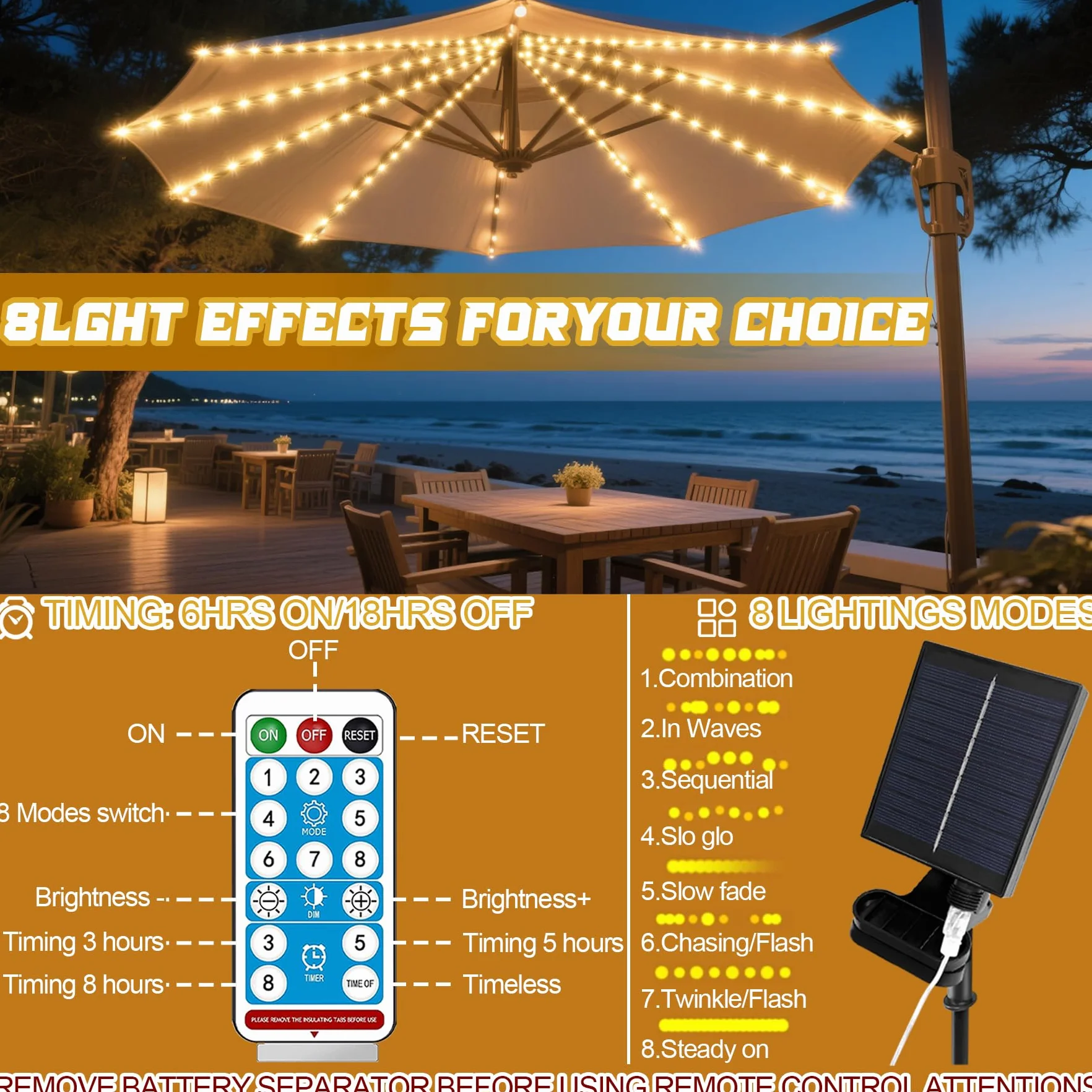 VEEKAY Lumières Solaires De Parapluie 104 LED 8 Modes Avec Télécommande