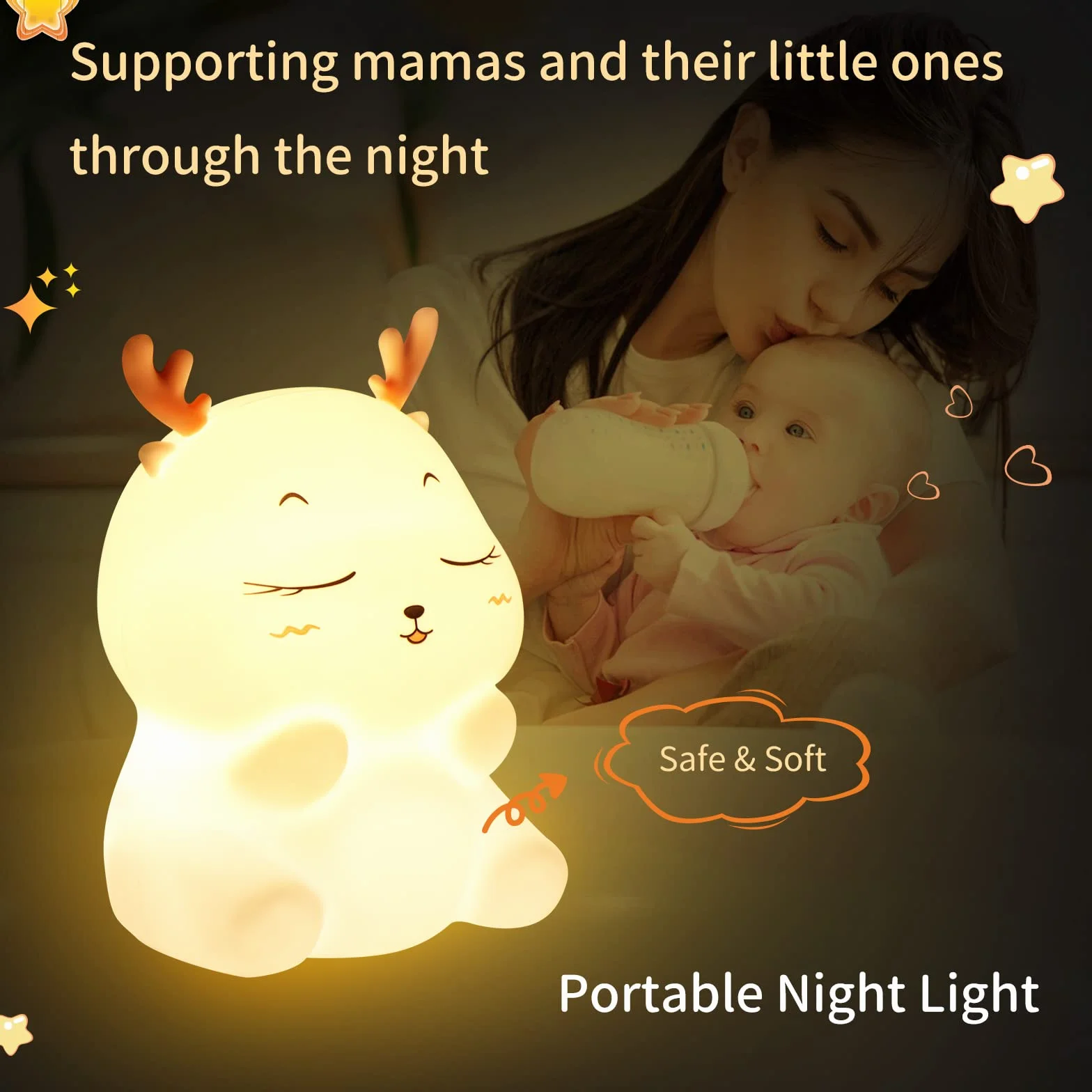 Veilleuse Enfant Rechargeable 7 Couleurs LED Silicone Lampe de Chevet Tactile Cerf