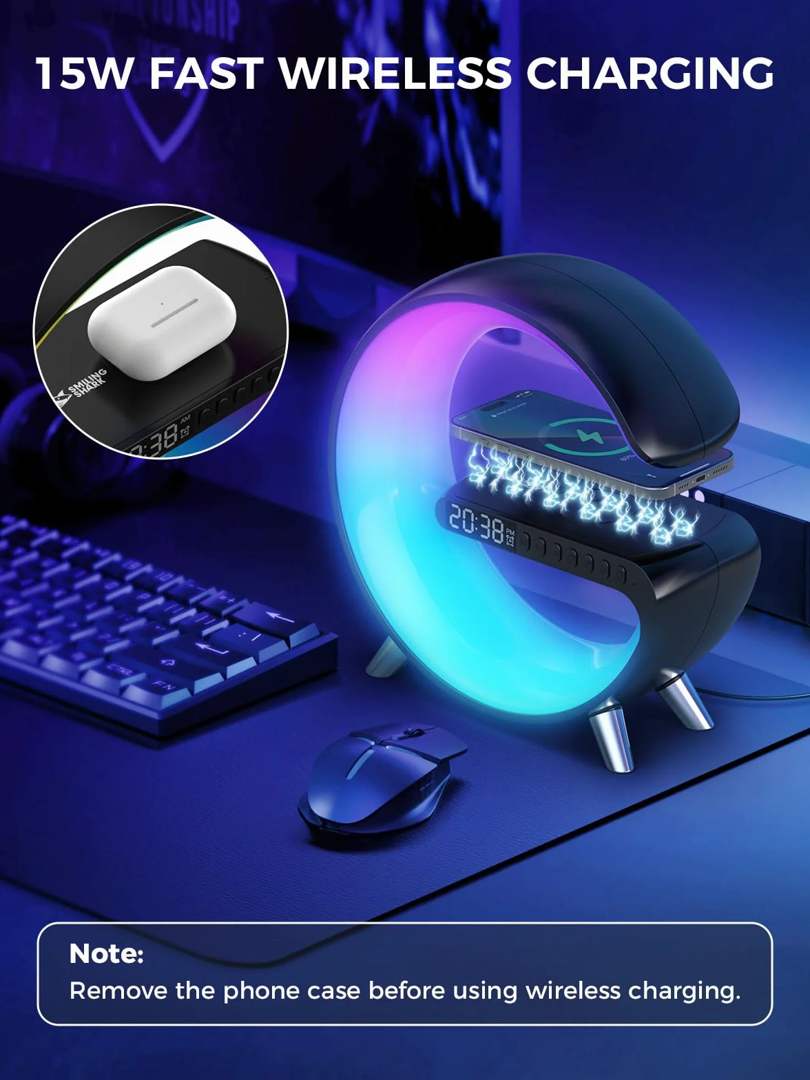 Smiling Shark Lampe Ambiance Réveil avec Charge Sans Fil Bluetooth Simulateur Aube Dimmable