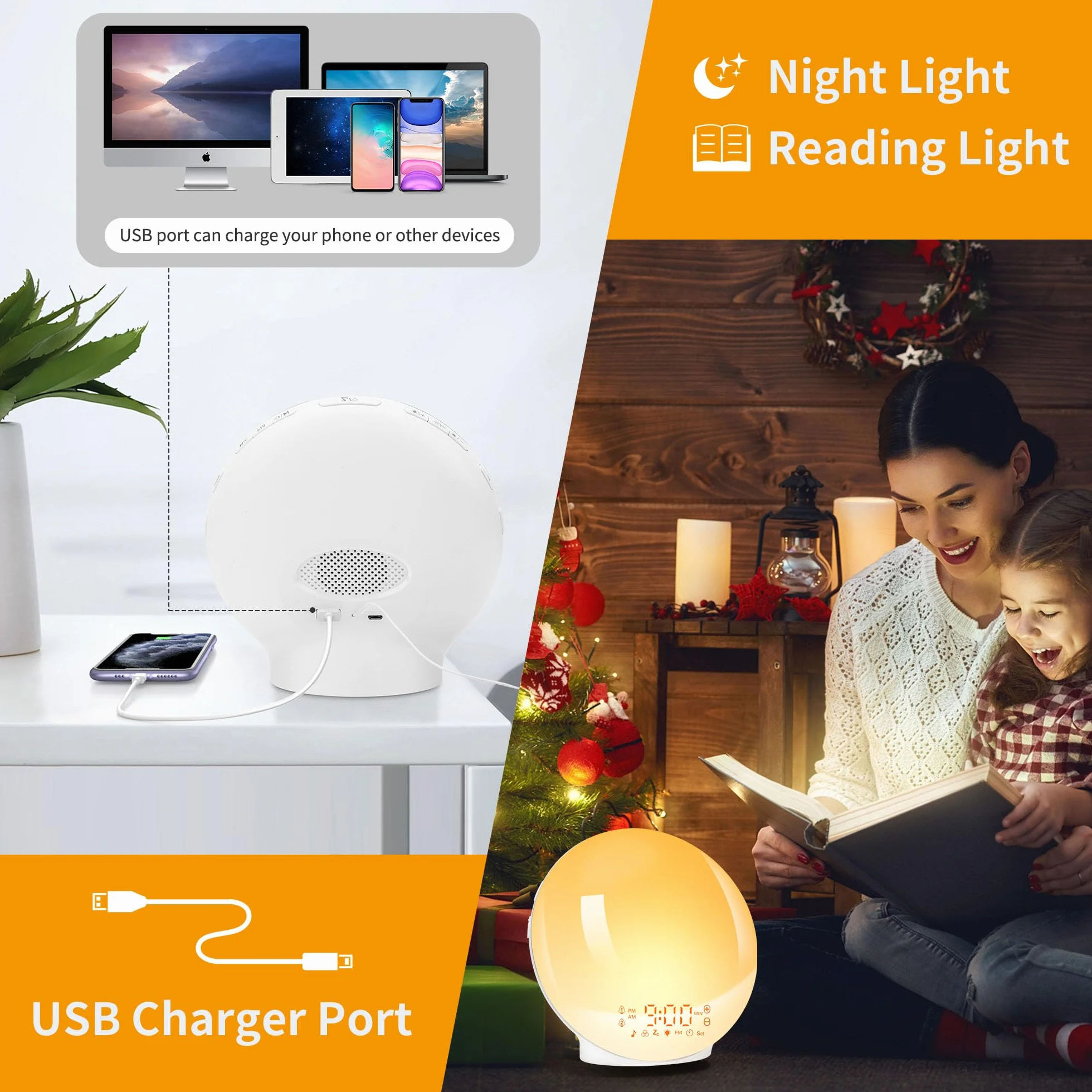 Eveil Lumière LED Radio Réveil Matin Lumineux Lampe de Chevet 20 Niveaux Luminosité Simulateur Aube Crépuscule 2 Réveils 7 Sons Naturels Snooze Veilleuse 11 Couleurs