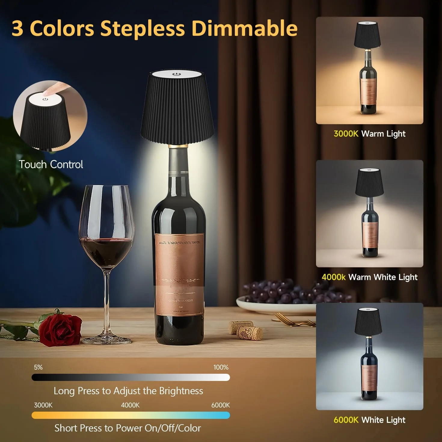 Lampe Bouteille LED Rechargeable IP54 Sans Fil, Tactile 3 Modes Température Couleur Réglable
