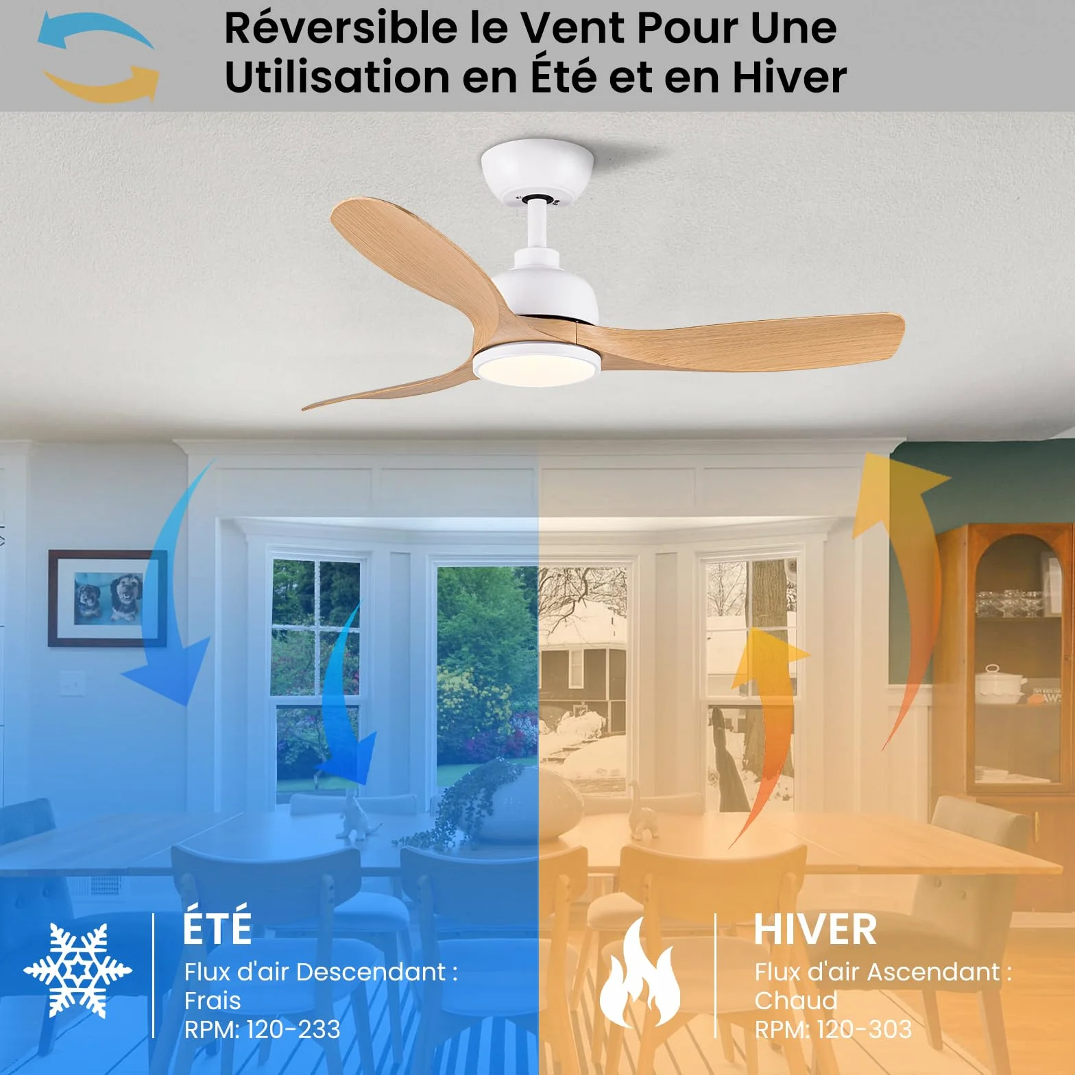CJOY Ventilateur Plafond avec Lumiere 107cm Bois Telecommande 6 Vitesses Minuterie 3 CCT Dimmable Silencieux