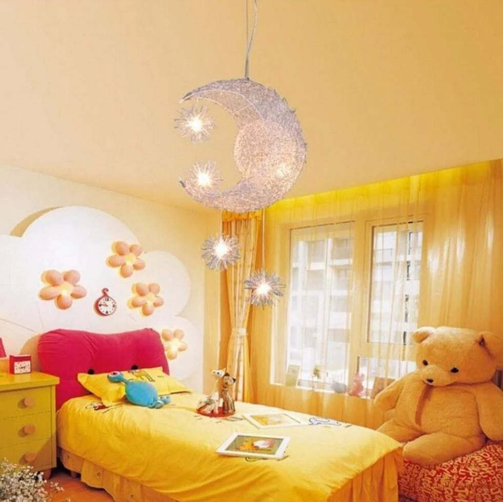 Lustre Suspension Lune étoiles LED Plafonnier Luminaire Aluminium 5 Ampoules Enfants Chambre