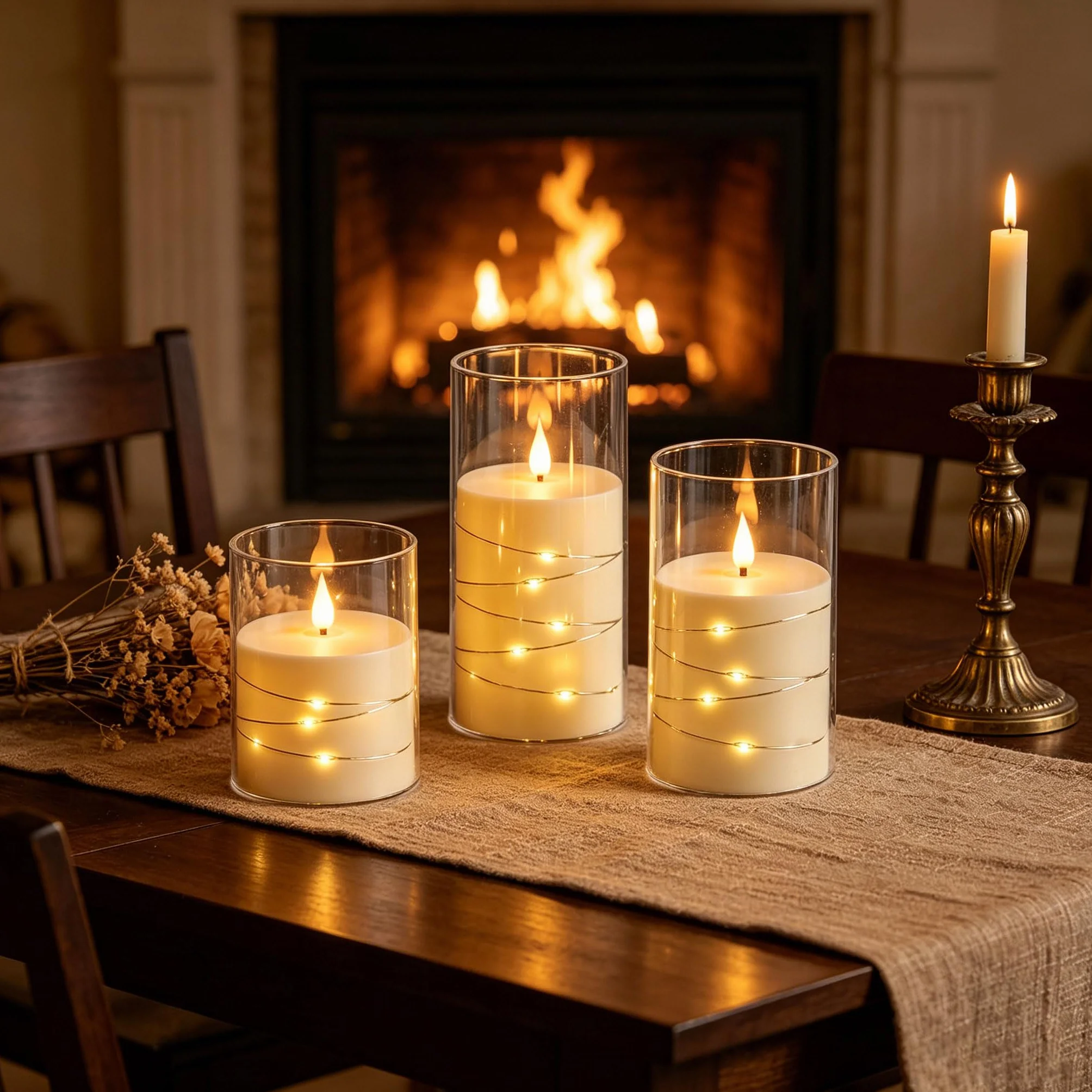 Bougies LED Ivoire Transparentes Guirlande Lumineuse Flamme Scintillante Réaliste Effet Verre Télécommande Incluse Plastique Réutilisable Écologique