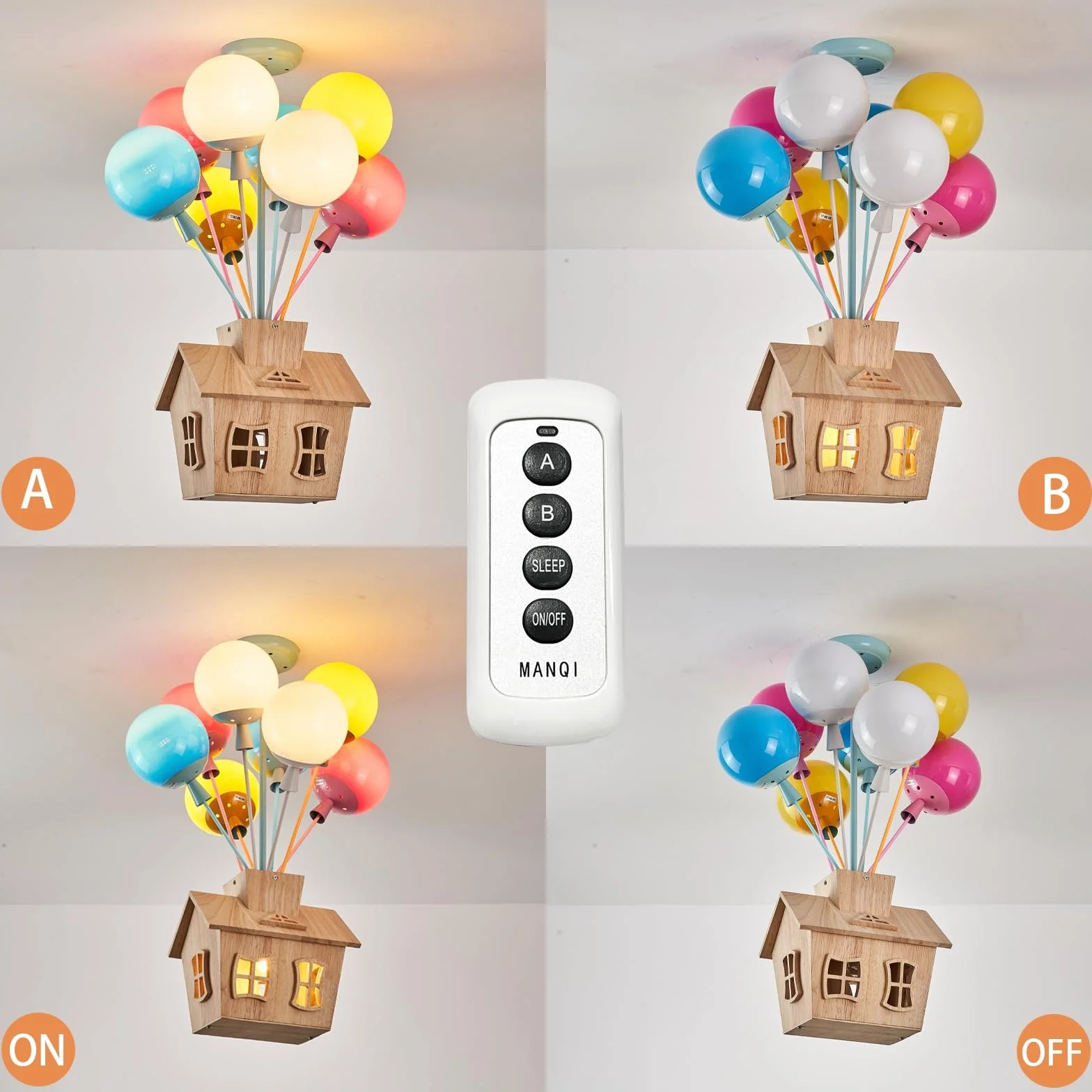 Lustre Moderne Plafonnier Enfant LED Bois Télécommande Ballon Verre Rond Chambre