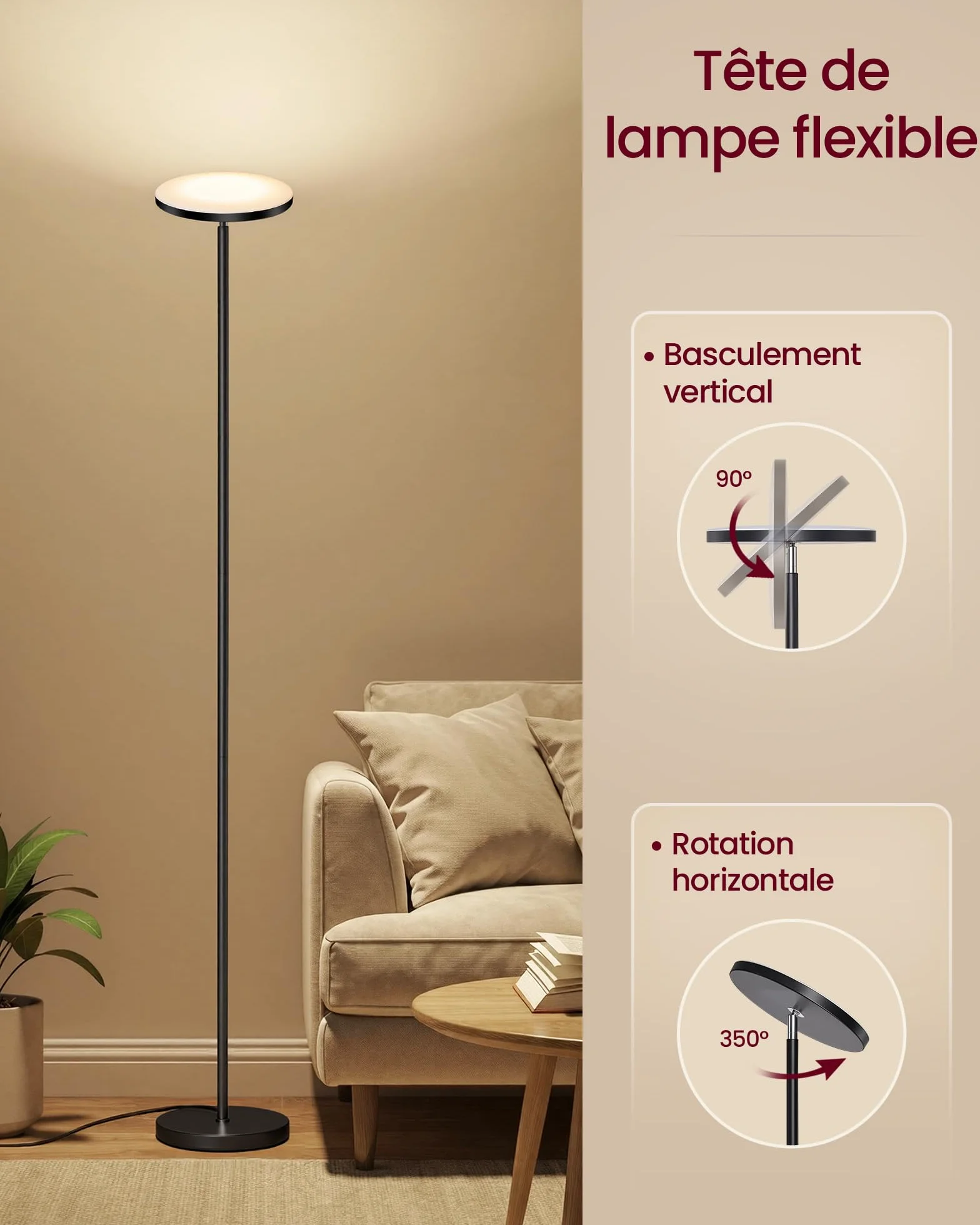 VASAGLE Lampadaire LED 30 W Tête Orientable Noir Mat avec Télécommande