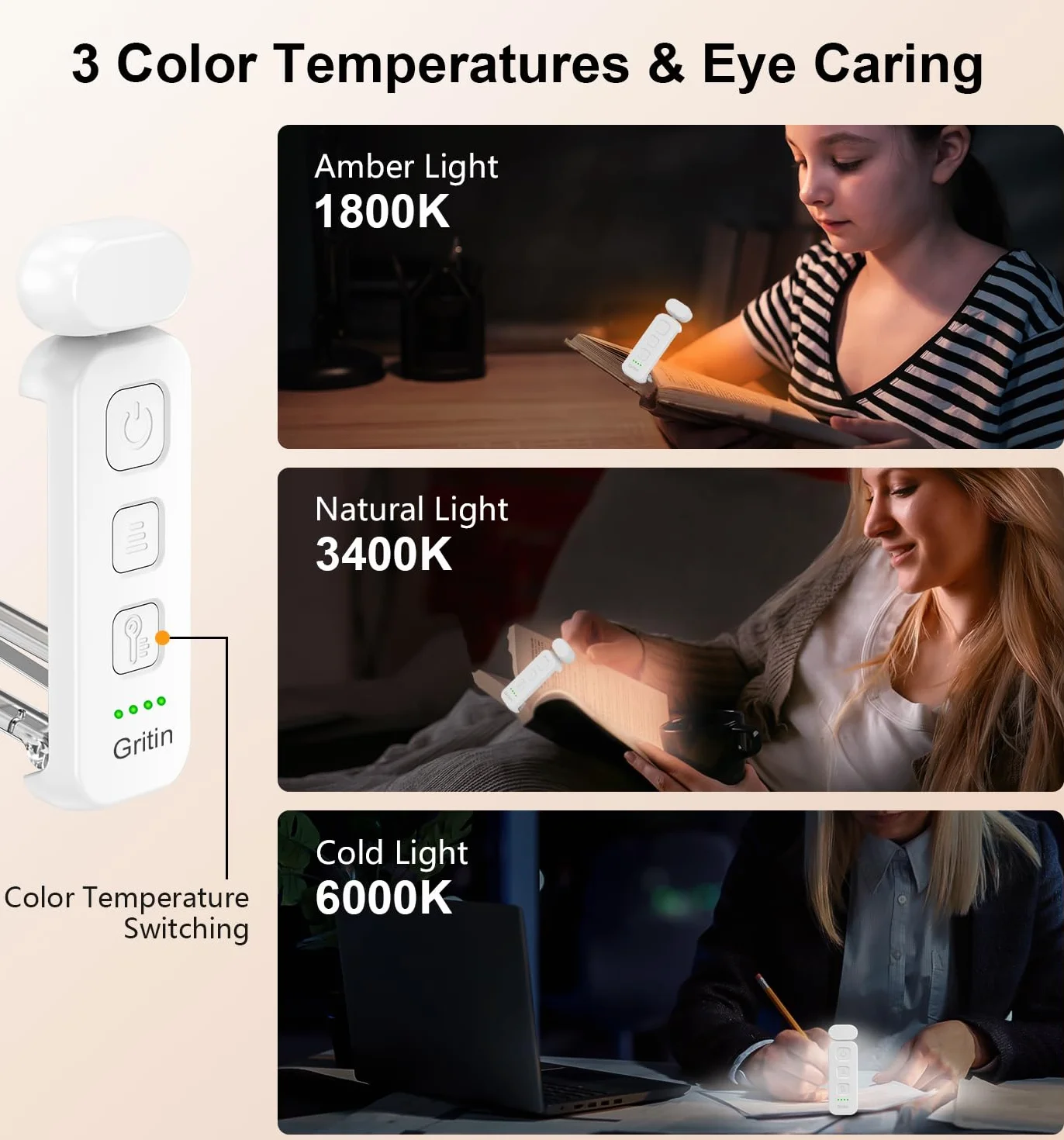 Gritin Lampe de Lecture Rechargeable, 3 Couleurs Protection des Yeux, 5 Niveaux de Luminosité, Portable, Blanc