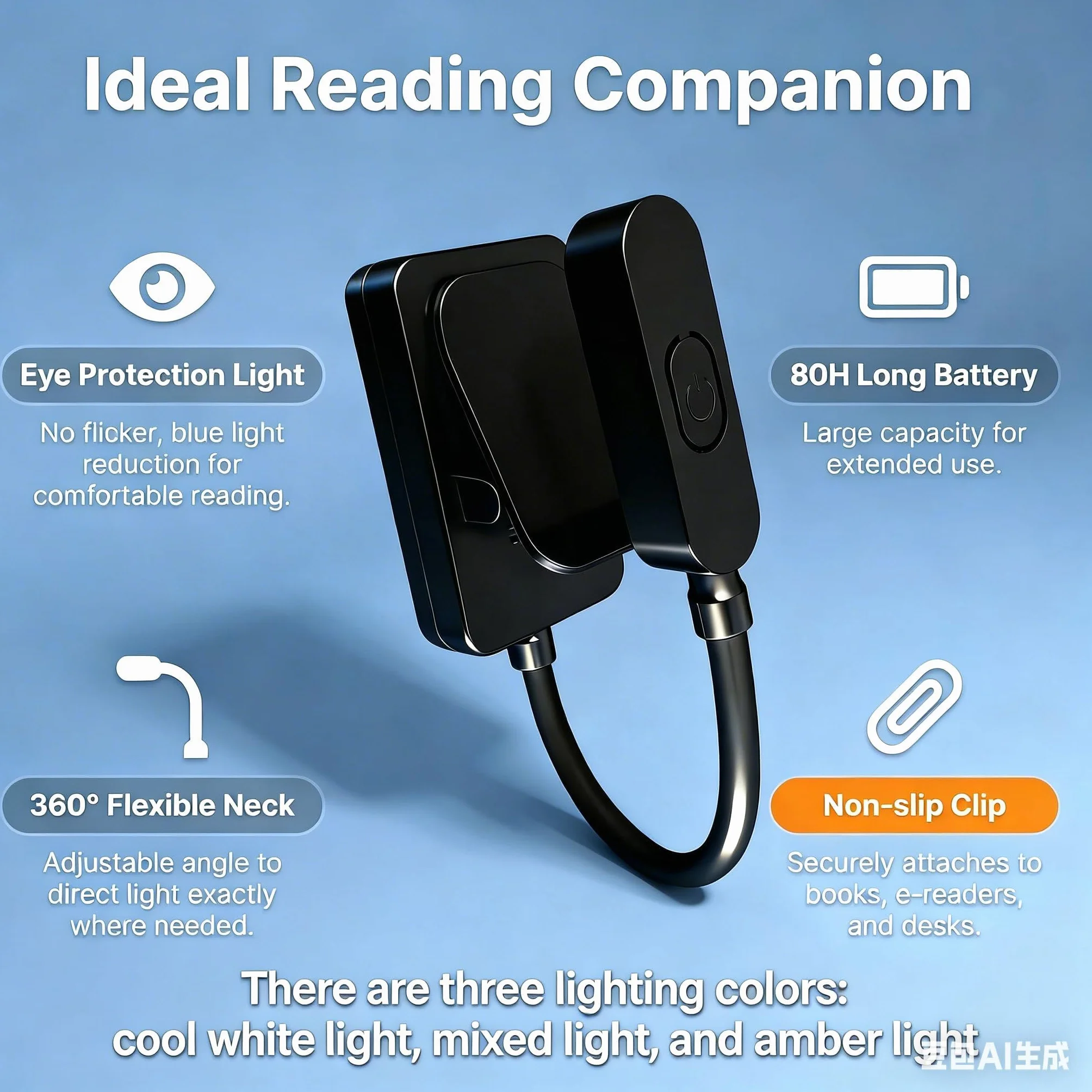 Liseuse à Clip 11 LEDs Lampe de Lecture Flexible 360° 3 Modes de Couleur 3 Niveaux de Luminosité Portable