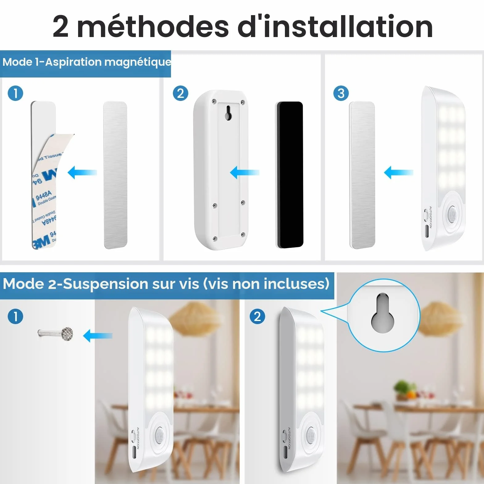 Veilleuse LED Rechargeable 2 Pièces Automatique Détecteur de Mouvement Lumière Murale Magnétique Portable 12 LED 3 Modes
