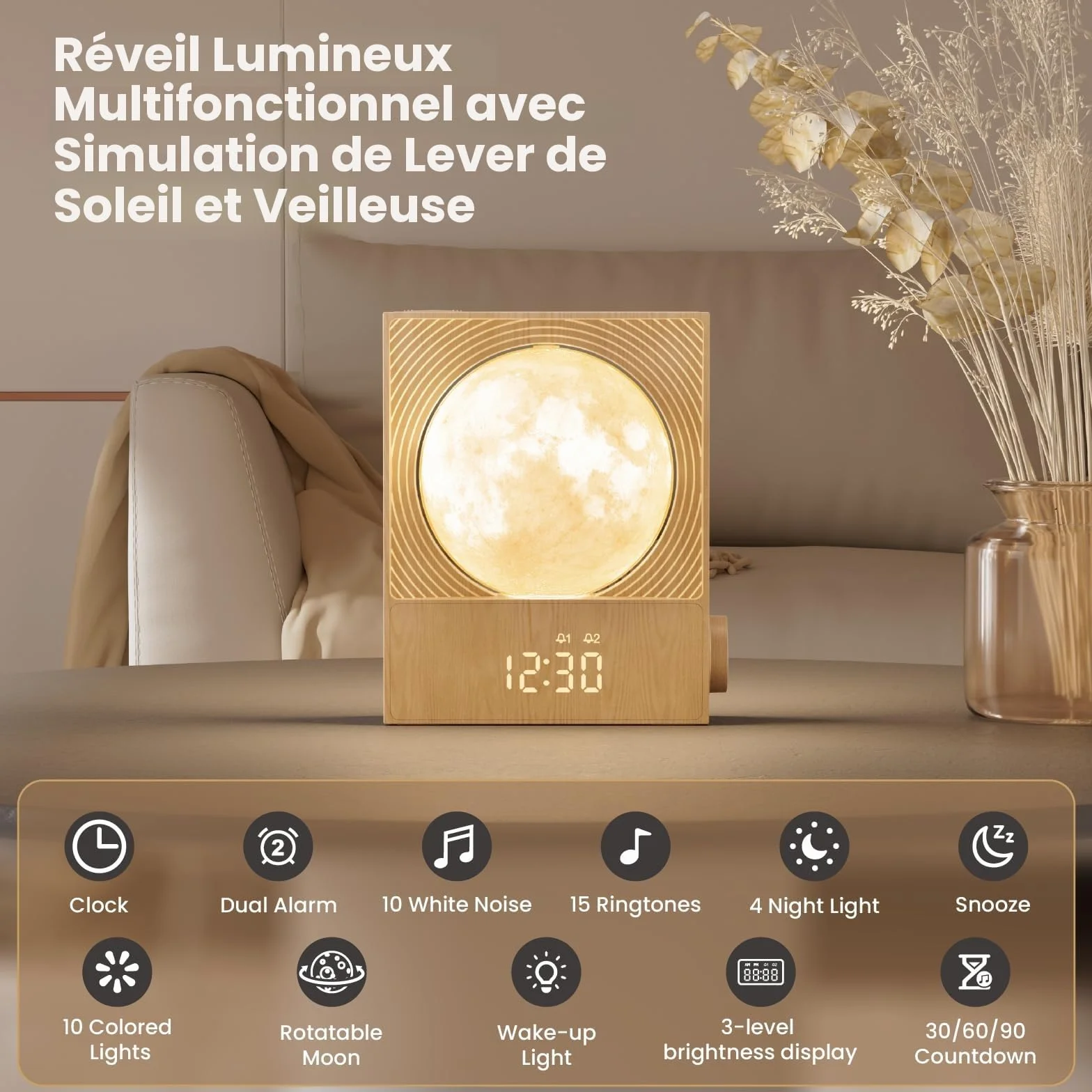 RETEYUNG Réveil Simulateur d'Aube avec Lampe Lunaire Rotative 15 Sonneries Veilleuse 8 Couleurs 3 Luminosités 10 Sons Naturels