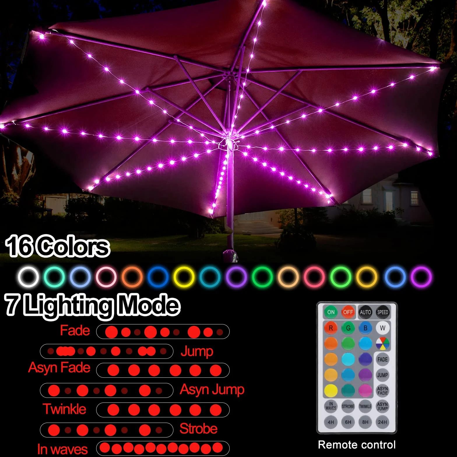 Lampe de parasol 104 LED 8 modes avec télécommande Étanche IP67 Solaire