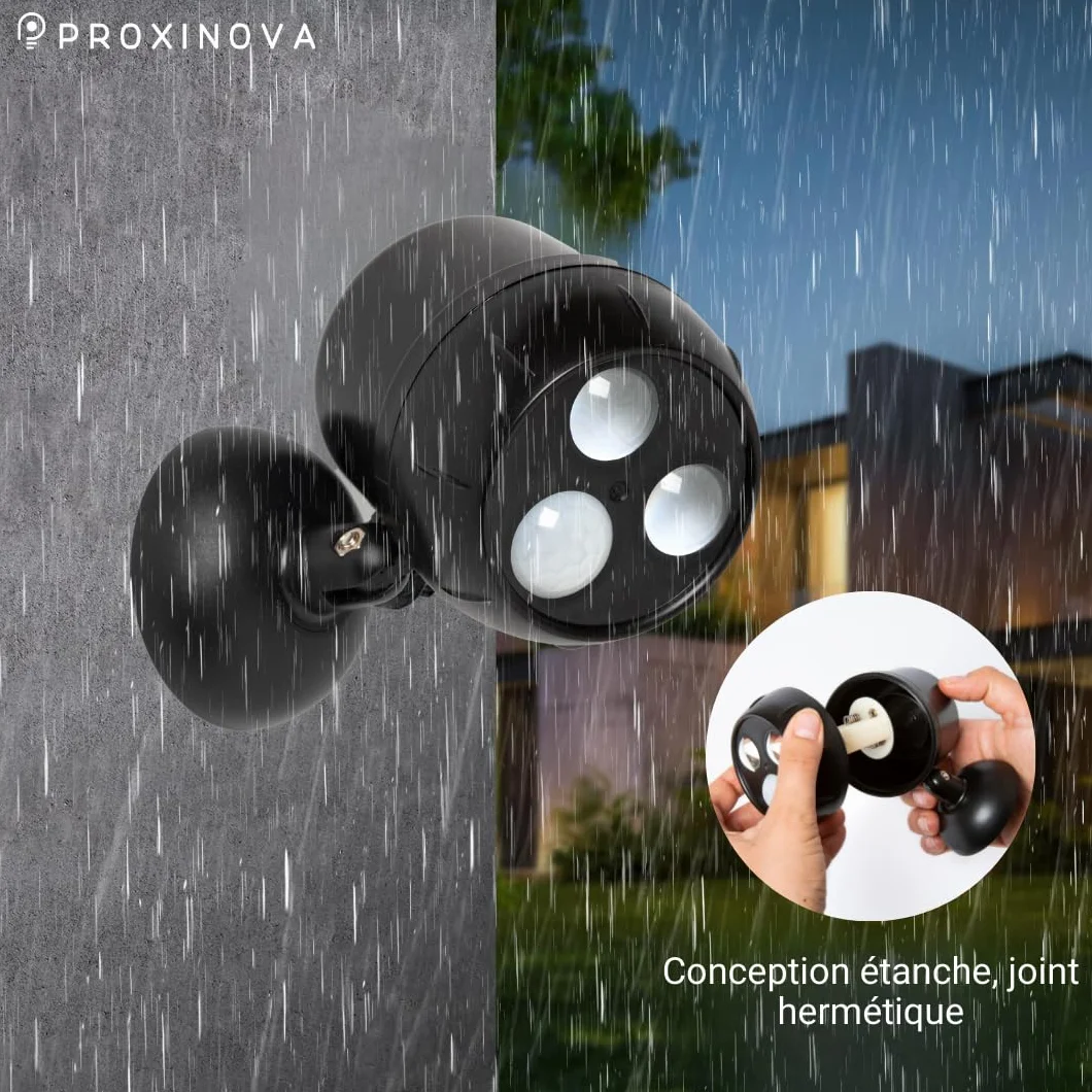 Lampe Detecteur de Mouvement Exterieur LED, 1000 Lumen, Projecteur Sans Fil, Tête Rotative 360°