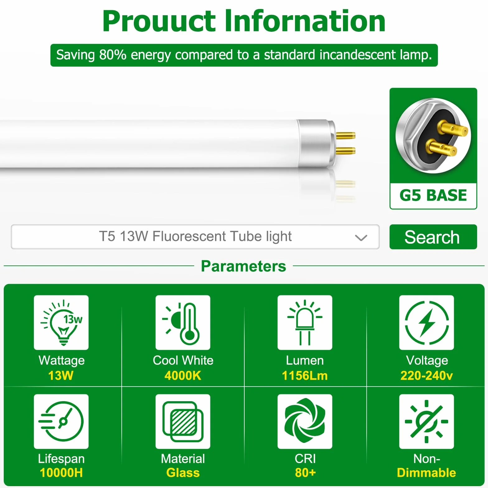 Tubes Fluorescents T5 13W 517 mm G5 Base Blanc Froid 4000 K Basse Consommation 1 pièce