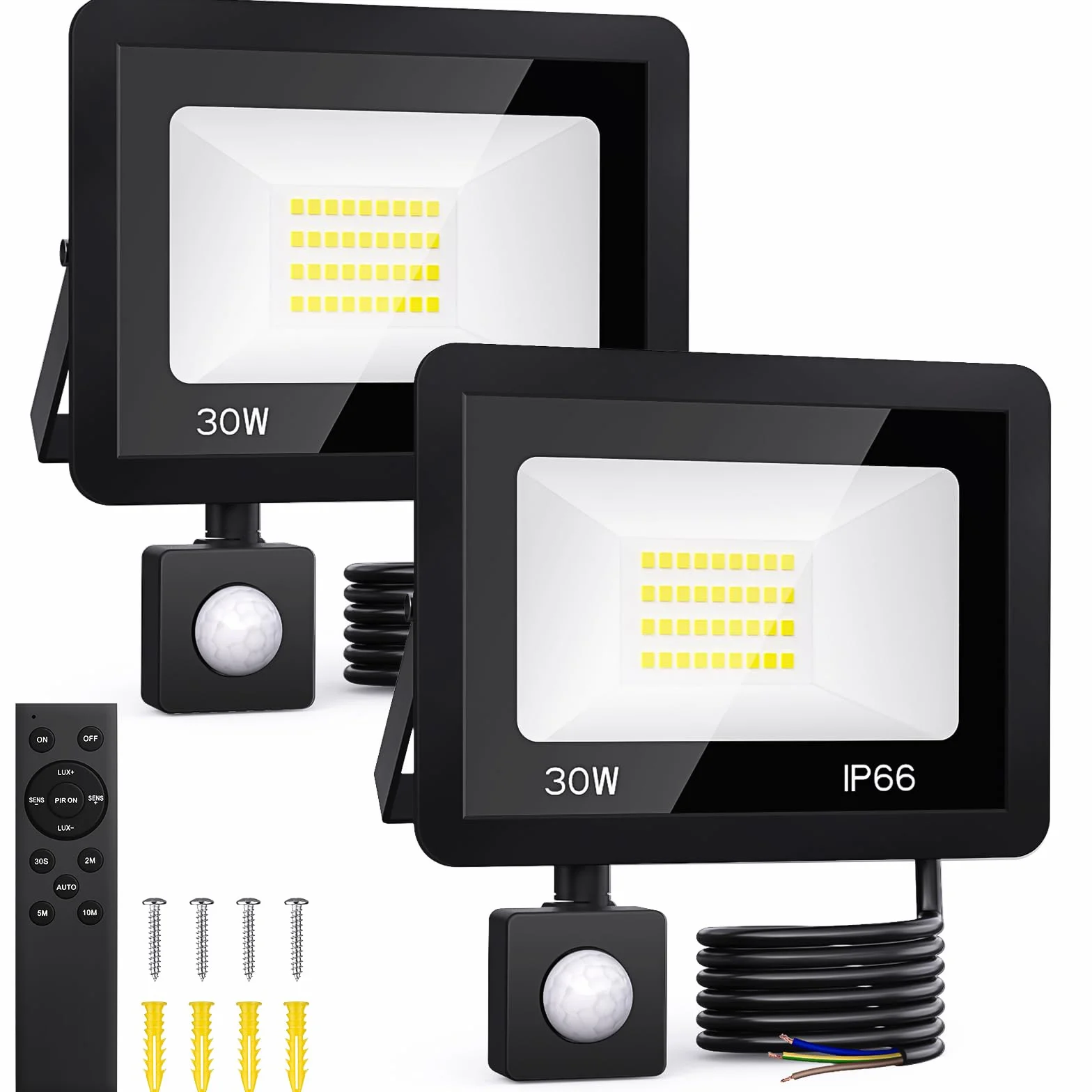 Projecteur LED Extérieur 30W avec Détecteur de Mouvement 2 Packs Blanc Froid 6500K IP66 Etanche Télécommande