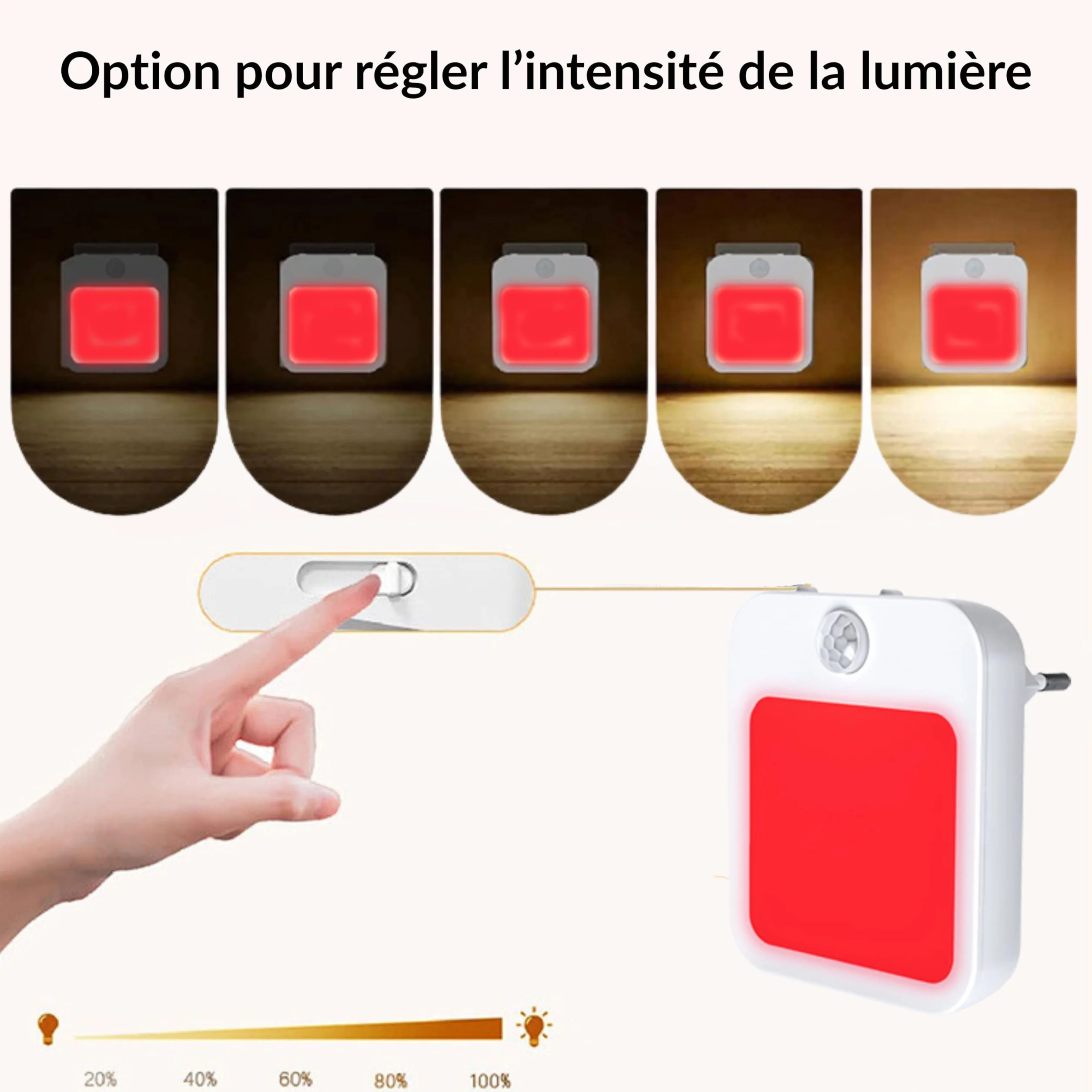 Toys4Boys Veilleuse LED Rouge avec Détecteur de Mouvement – Lampe de Nuit Enfant Adulte à Brancher – Intensité Réglable – 230V