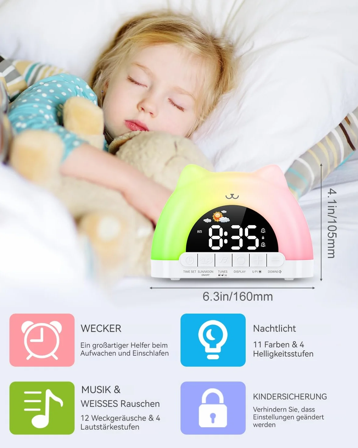 Réveil numérique enfant RVB double alarme snooze 11 couleurs 10 effets sonores