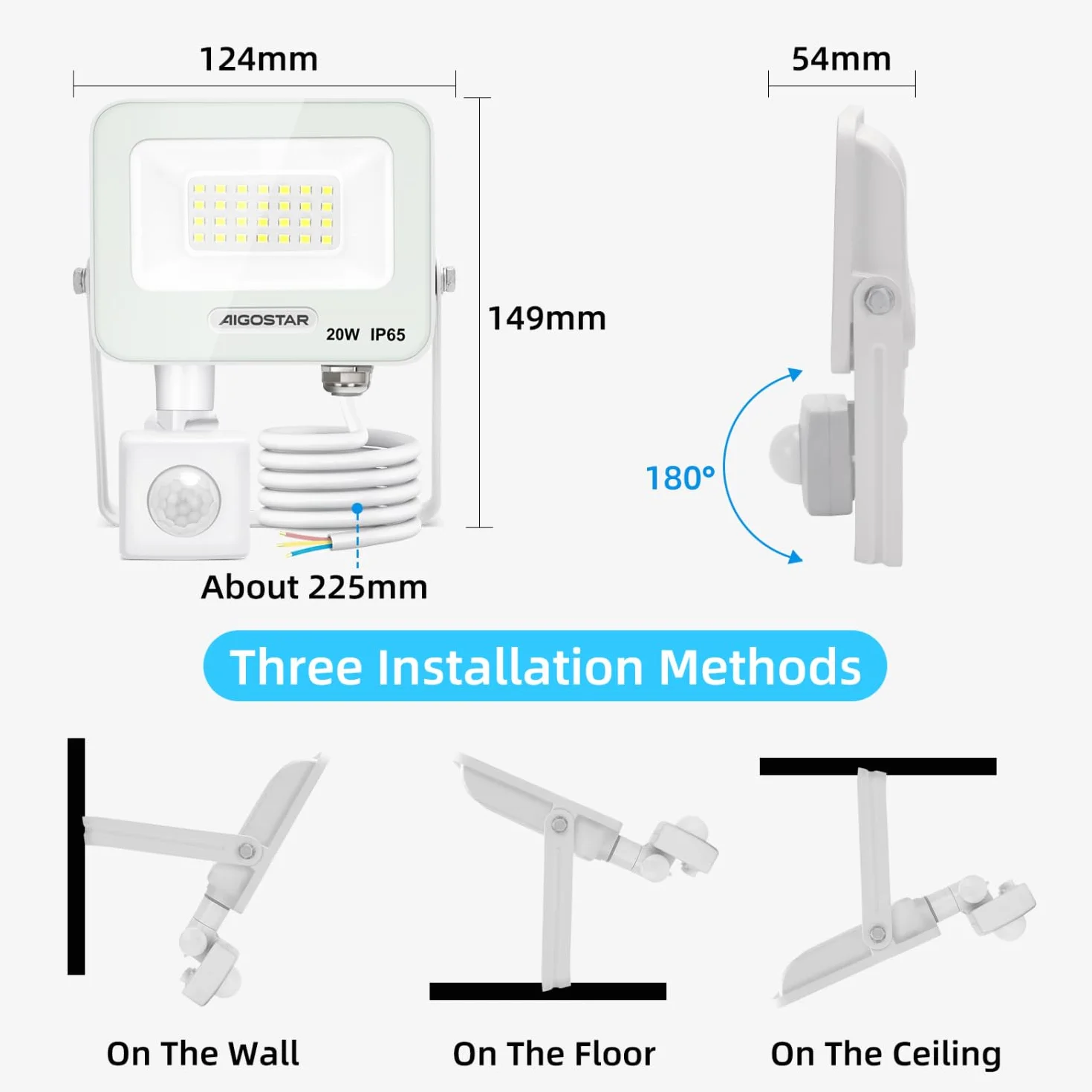 Aigostar 20W Projecteur LED Extérieur avec Détecteur de Mouvement, 1650LM IP65 Blanc Froid 6500K