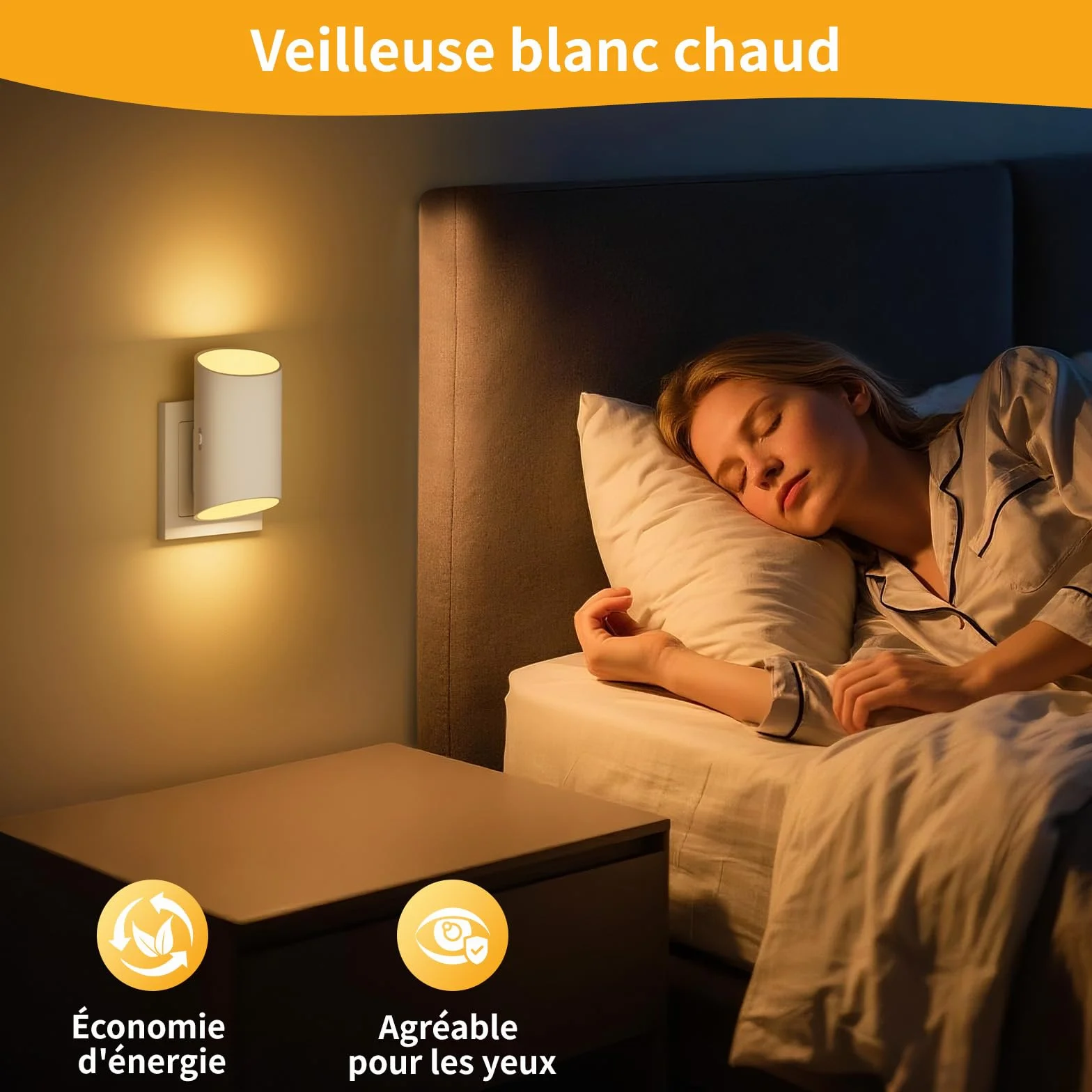 Veilleuse Enfant 2 Pcs Prise Electrique Détecteur Mouvement Capteur Lumière Blanche Chaude Intensité Variable 1-100 lm