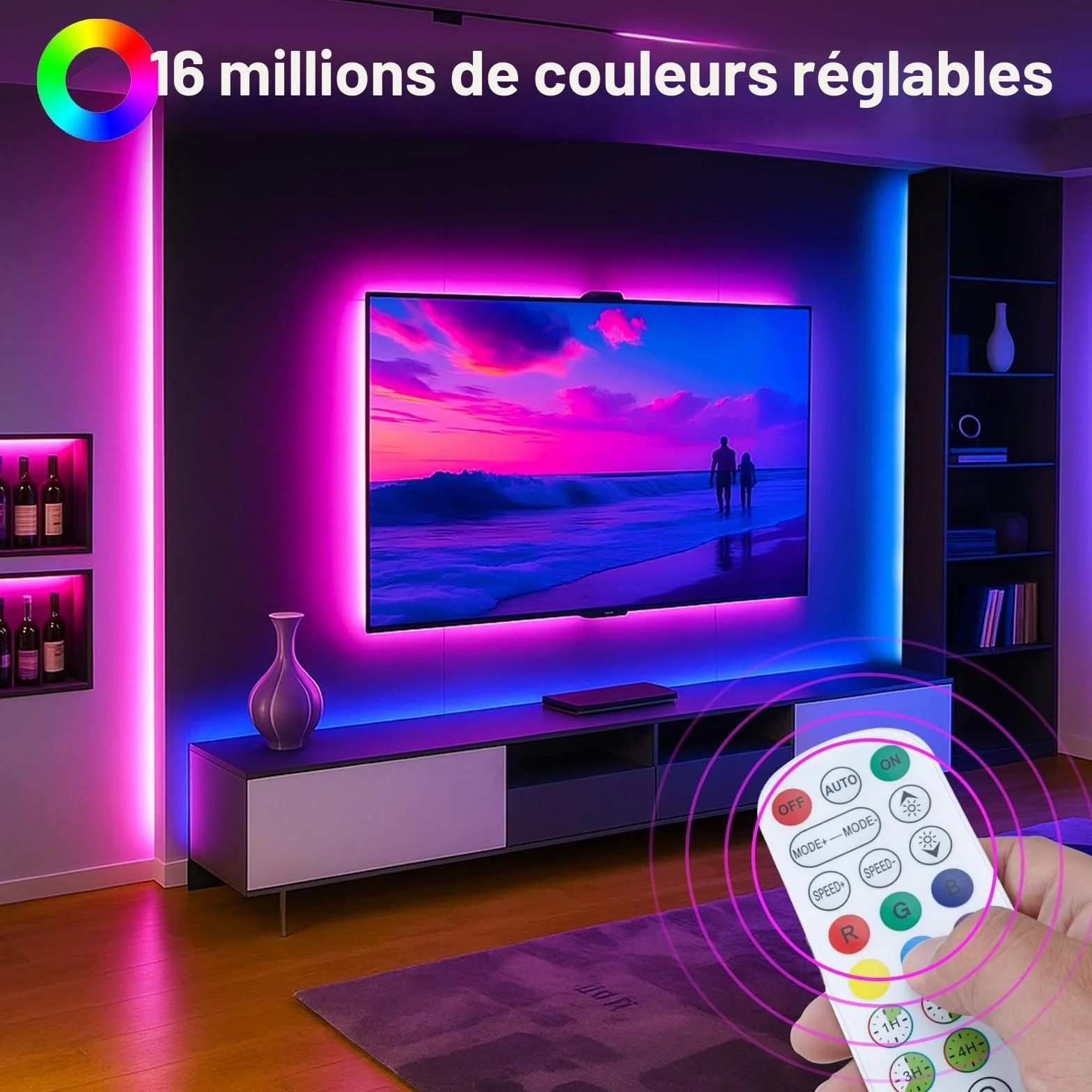 Bande LED TV Bluetooth 50-75" 16M Couleurs Synchro Musique Gaming Télécommande 2.4G Sans Lag