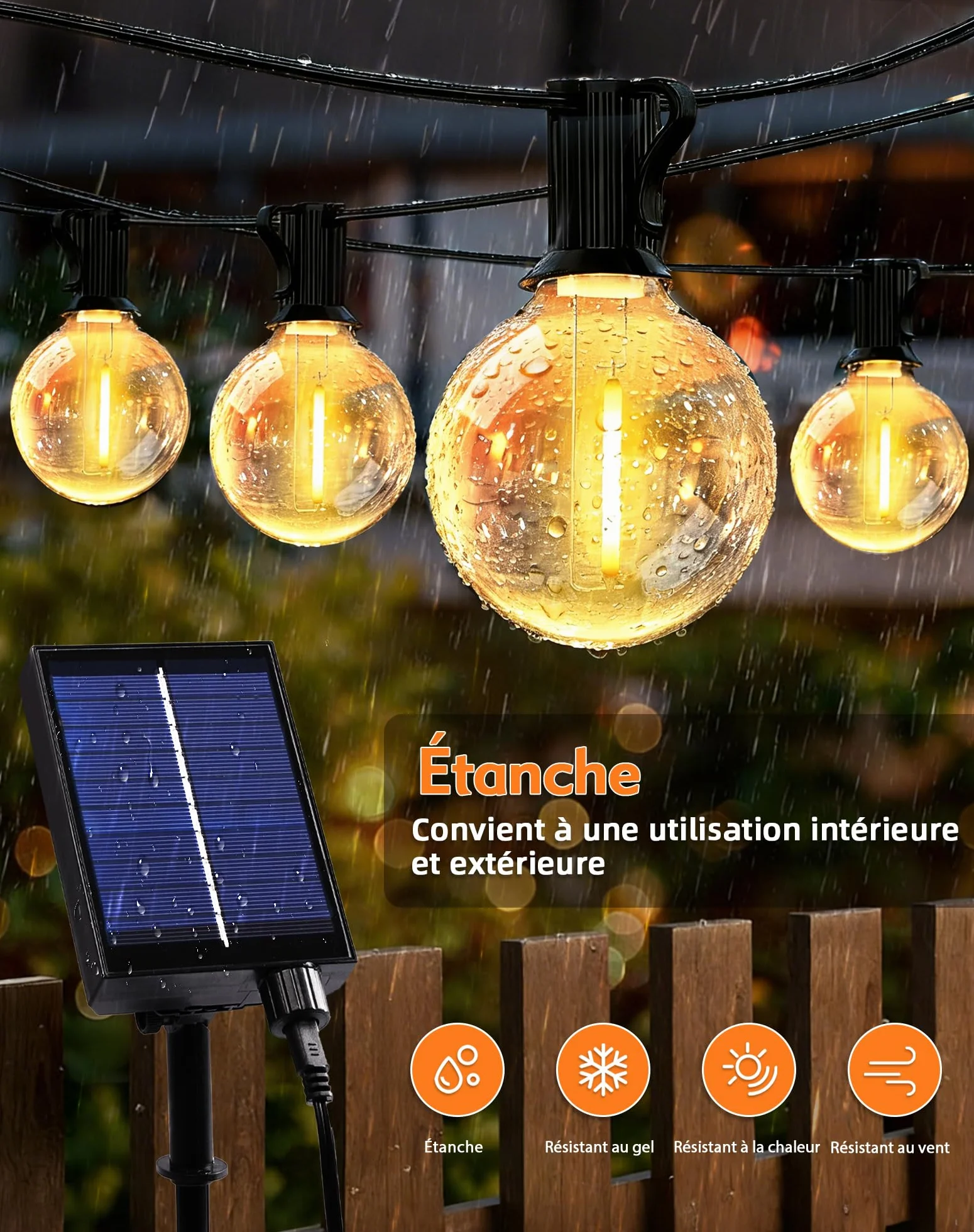 Guirlande Lumineuse Exterieure Solaire LED 10M 15+1 G40 Ampoules 8 Modes IP44 Télécommande