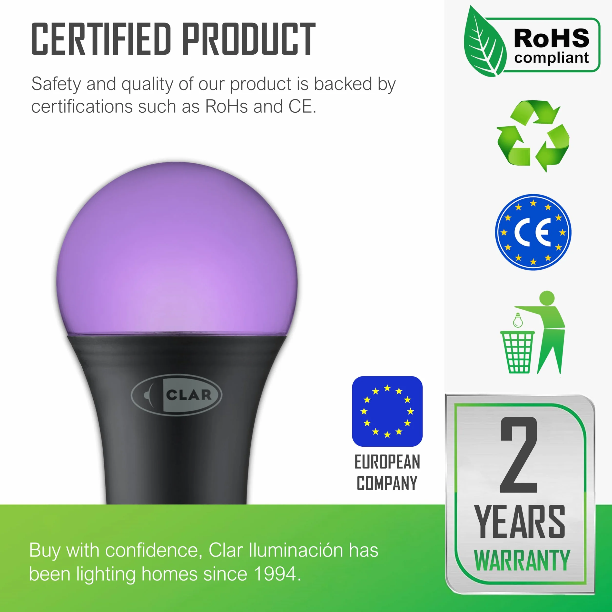 CLAR Ampoule LED UV Noire E27 10W Lot de 5 Disco