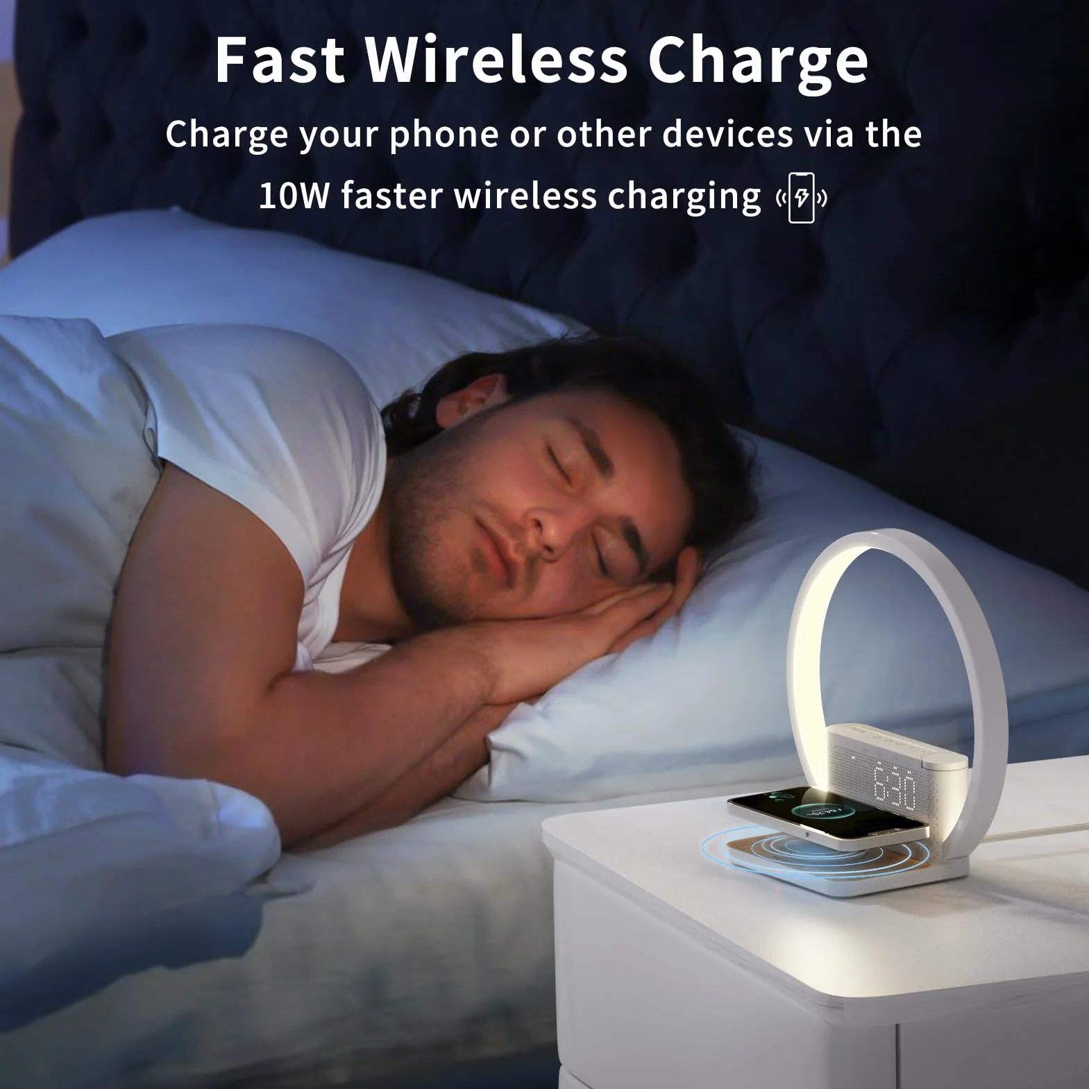 Lampe de chevet tactile avec chargeur sans fil Qi 10W, réveil lumineux 10 sons, 3 niveaux de luminosité chambre