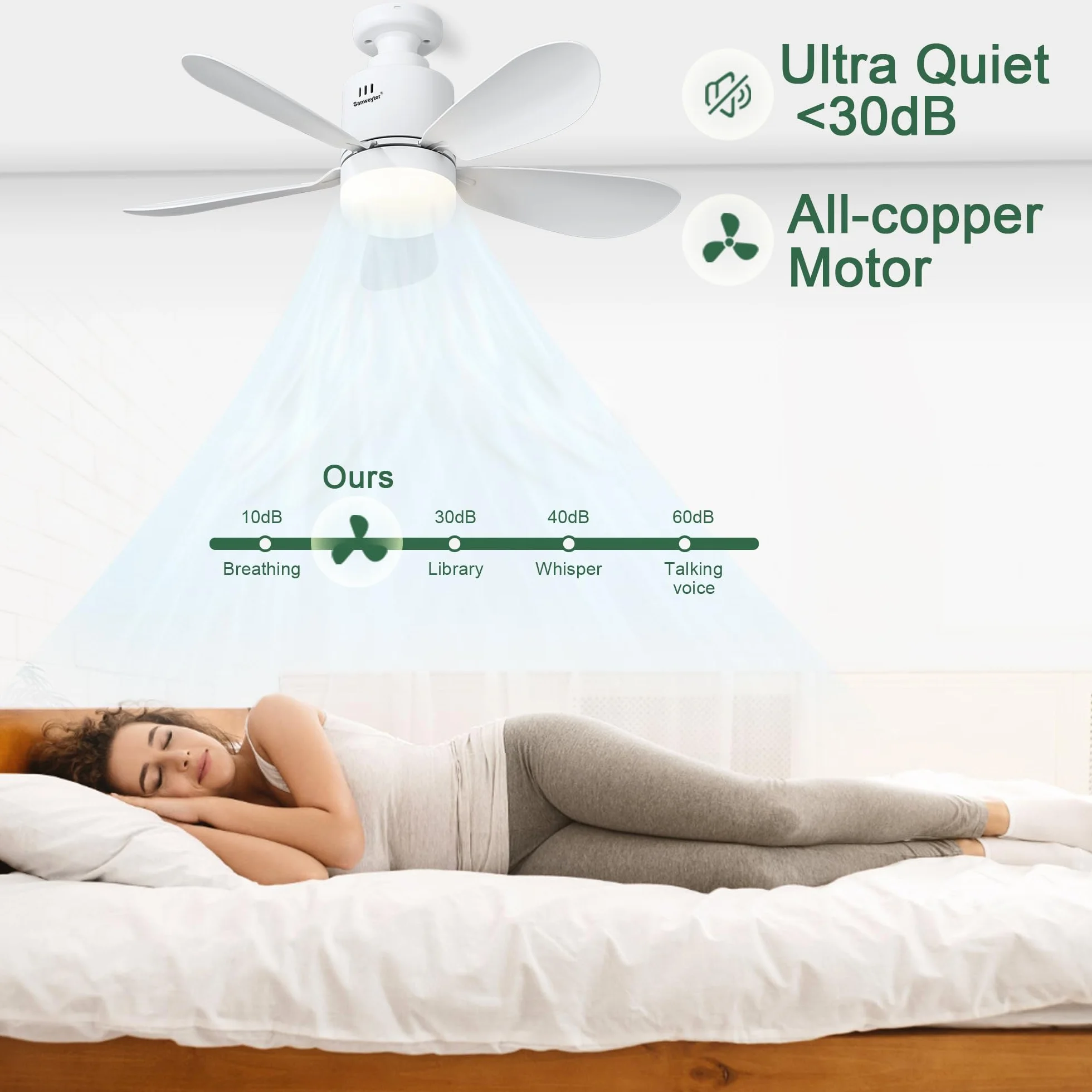 Ventilateur de Plafond avec Lumière et Télécommande, 53cm LED Dimmable 24W E27, 5 Pales, 4 Vitesses