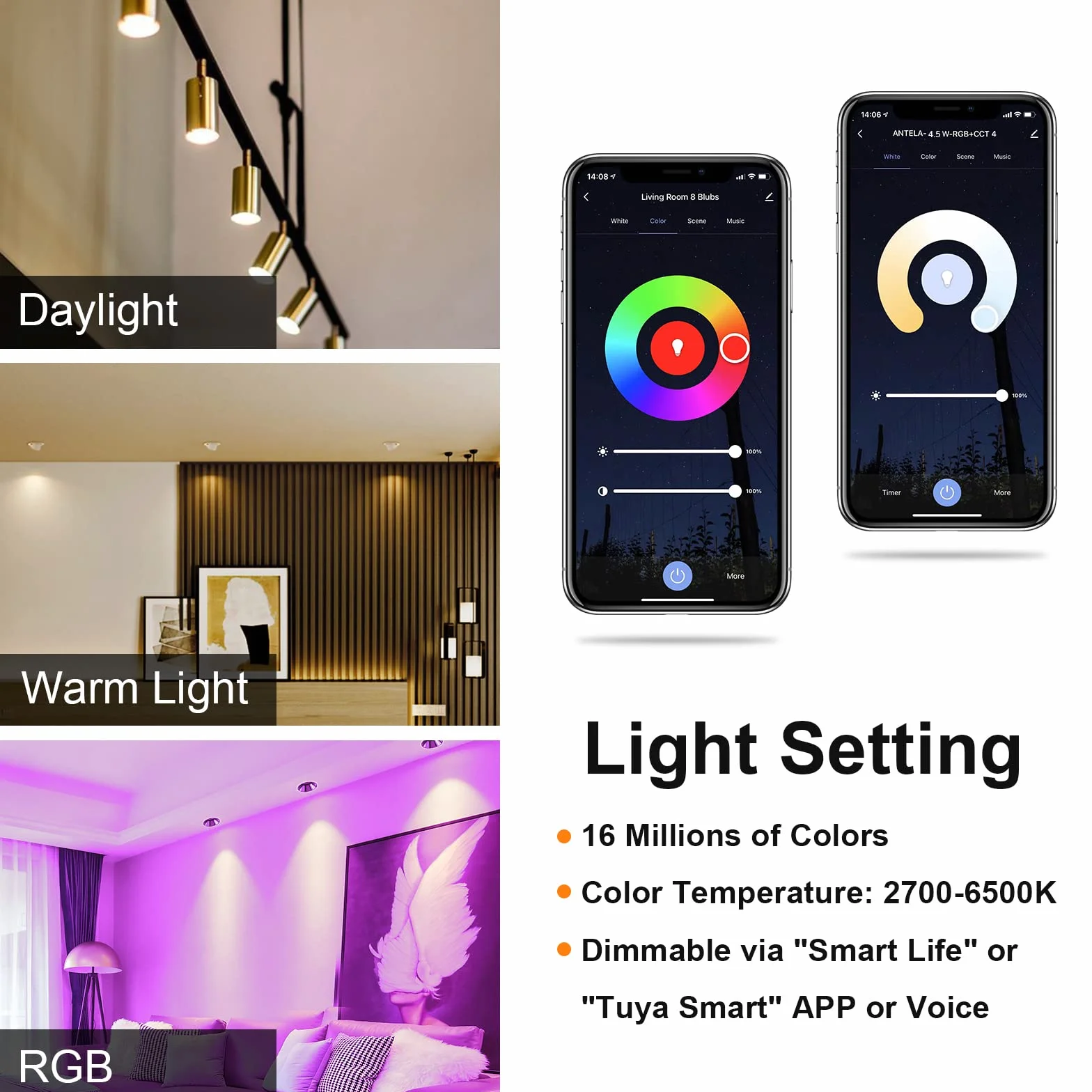 ANTELA Ampoule Connectée WiFi GU10 4,5W 350LM LED RGB 2700K-6500K Compatible Alexa Google Home 40° 4 PCS