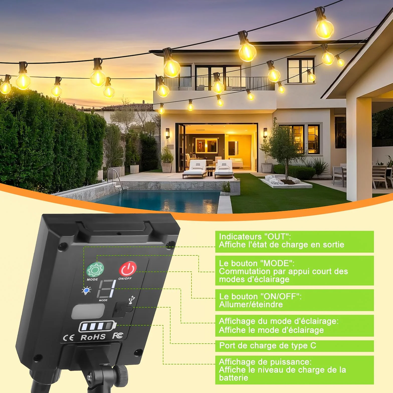 Guirlande Lumineuse Extérieure Solaire LED 15M 20+1 Ampoules 8 Modes IP44 Étanche avec Télécommande