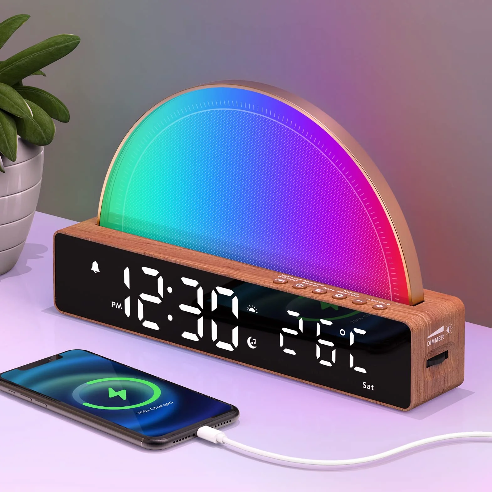Réveil Lumineux Simulation Lever du Soleil Snooze 6 Sonneries 10 Sons Sommeil Minuterie Affichage Température 7 Couleurs Changeantes