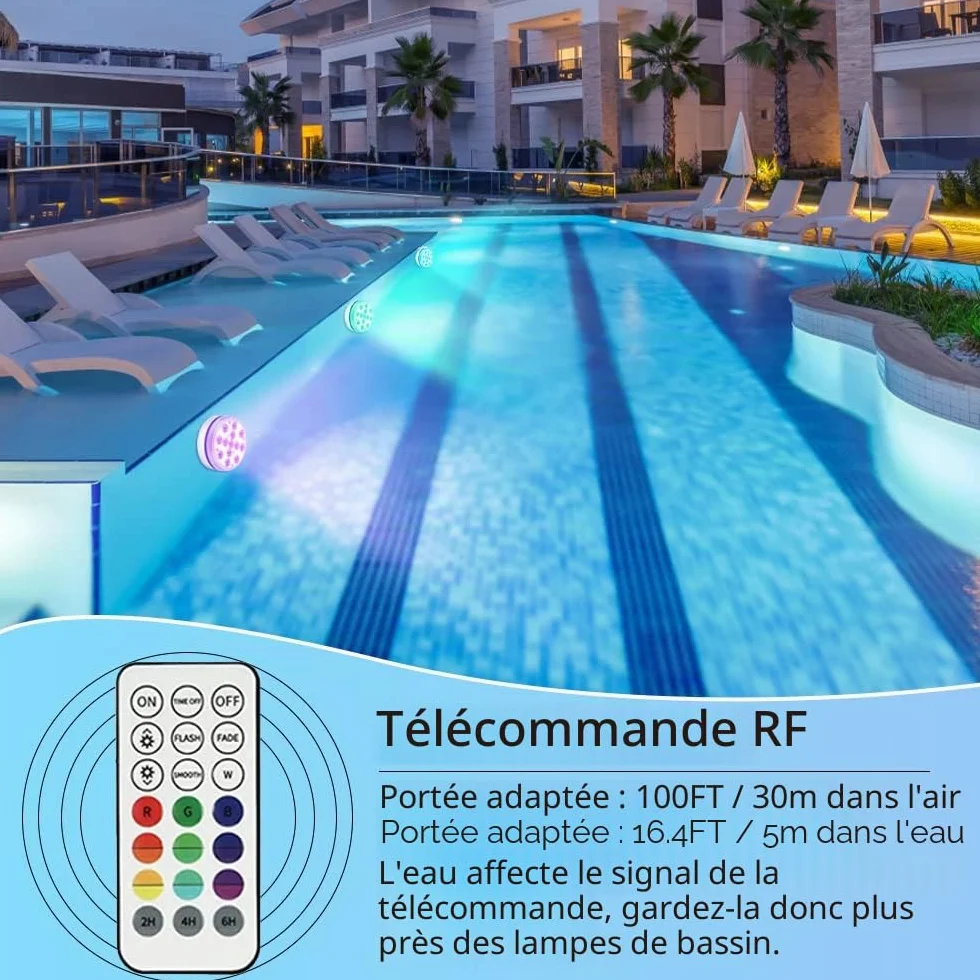Lumière LED Submersible IP68 avec Télécommande RF pour Piscine, Spa, Jardin (2 Pièces)
