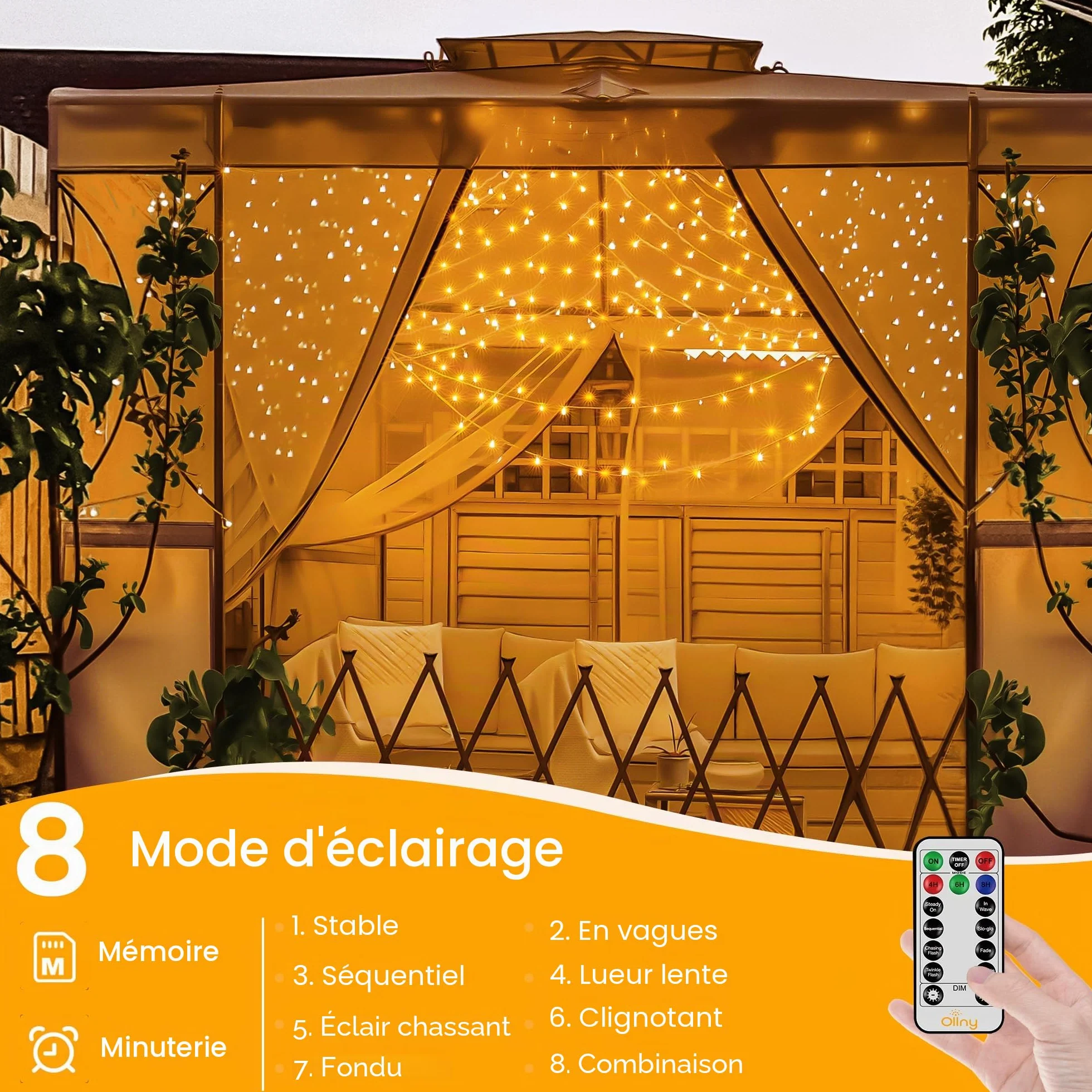 Ollny Guirlande Lumineuse 80m 800 LED IP44 Étanche avec Télécommande 8 Modes 3 Minuteries Blanc Chaud