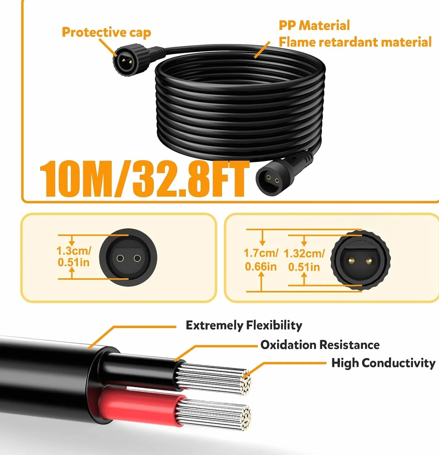 Rallonge de guirlande lumineuse 10M Câble d'extension 2 pôles IP65 étanche noir