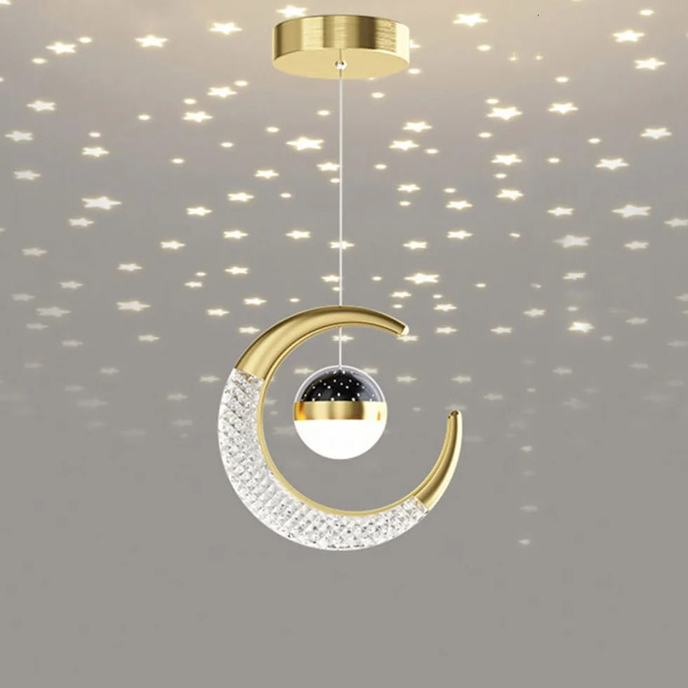Plafonnier LED Lune et étoiles Lustre Chambre Enfants Doré