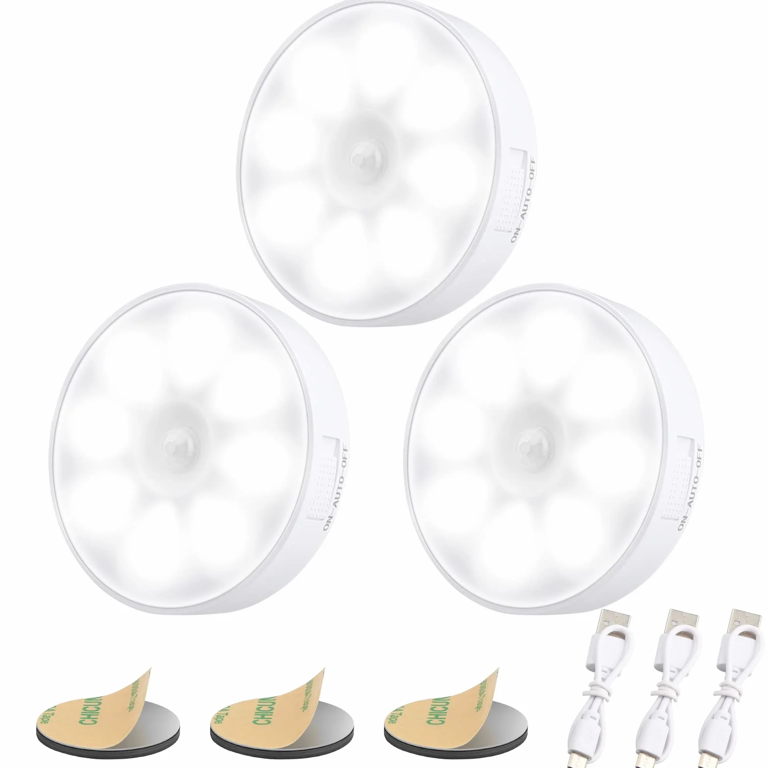 Veilleuse LED Automatique Rechargeable USB Lot de 3, Lampe Détecteur de Mouvement 6000K 8 LEDs 400mAh Base Magnétique