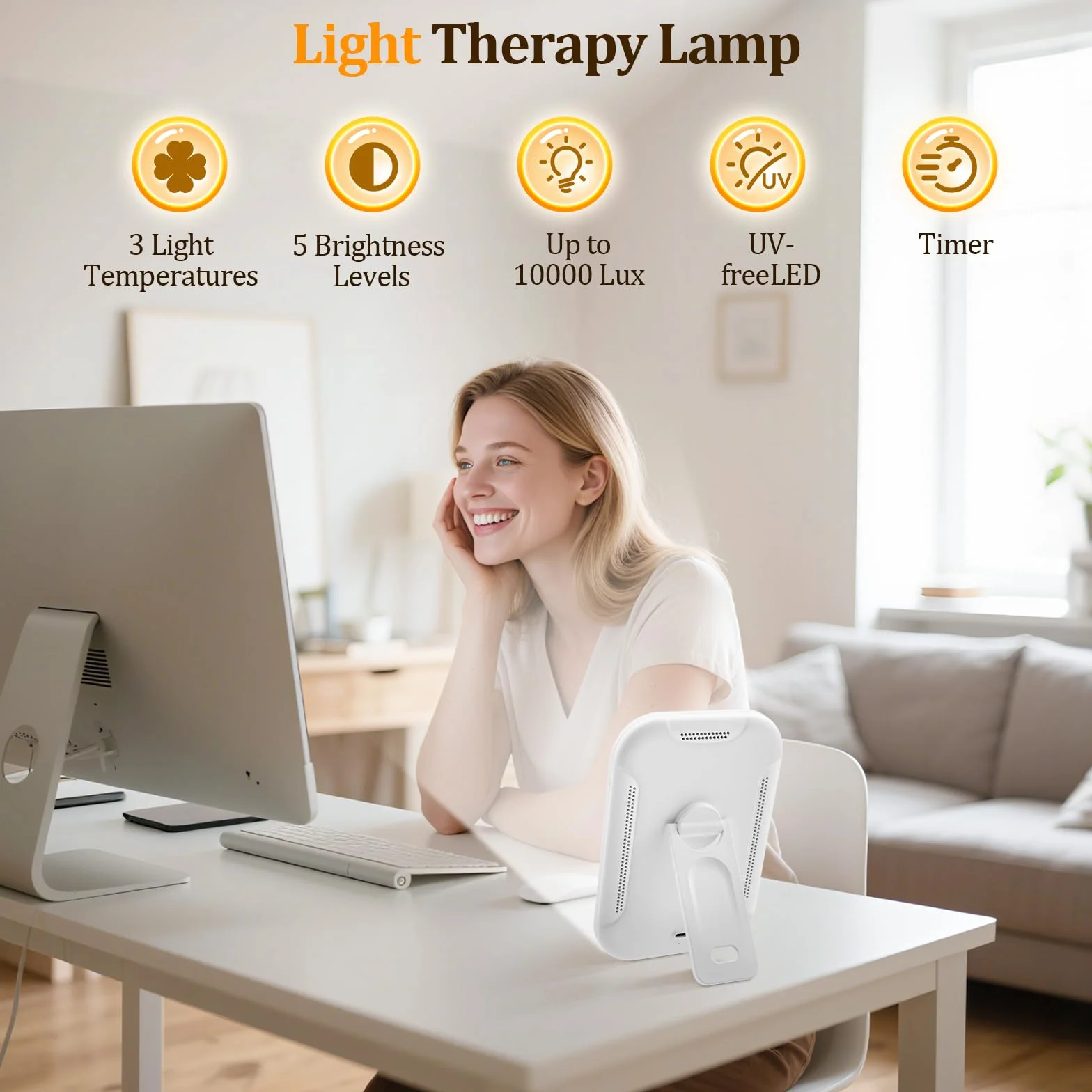 Lampe de Luminothérapie 10000 lux Simulation Lumière du Jour Sans UV 3 Températures de Couleur 5 Niveaux Luminosité Gradation Continue