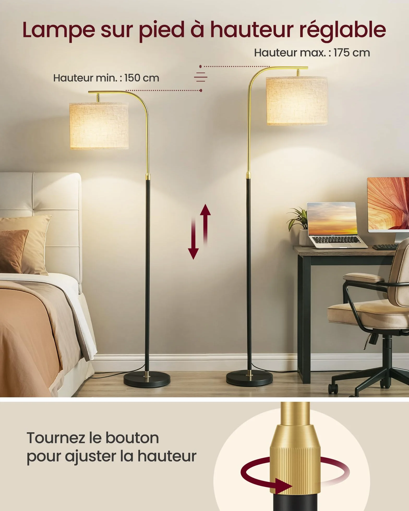VASAGLE Lampadaire Arc Pied Réglable 150-175 cm E27 Tissu Noir Mat