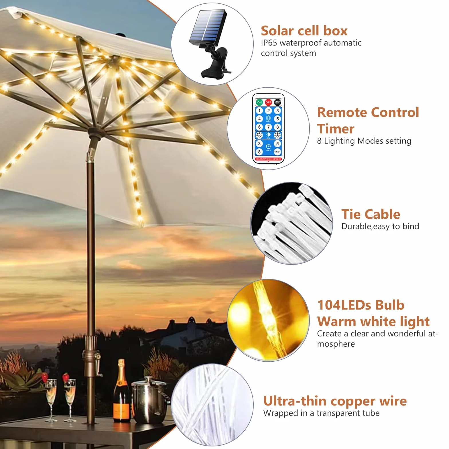 GAOUTO Guirlande lumineuse solaire parasol 104 LED télécommande 8 modes étanche