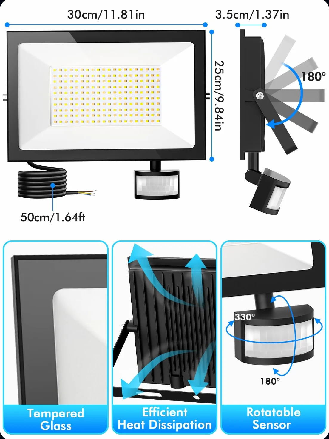 Projecteur LED Exterieur 150W Detecteur de Mouvement 3000K/4500K/6500K 15000LM IP66 Etanche