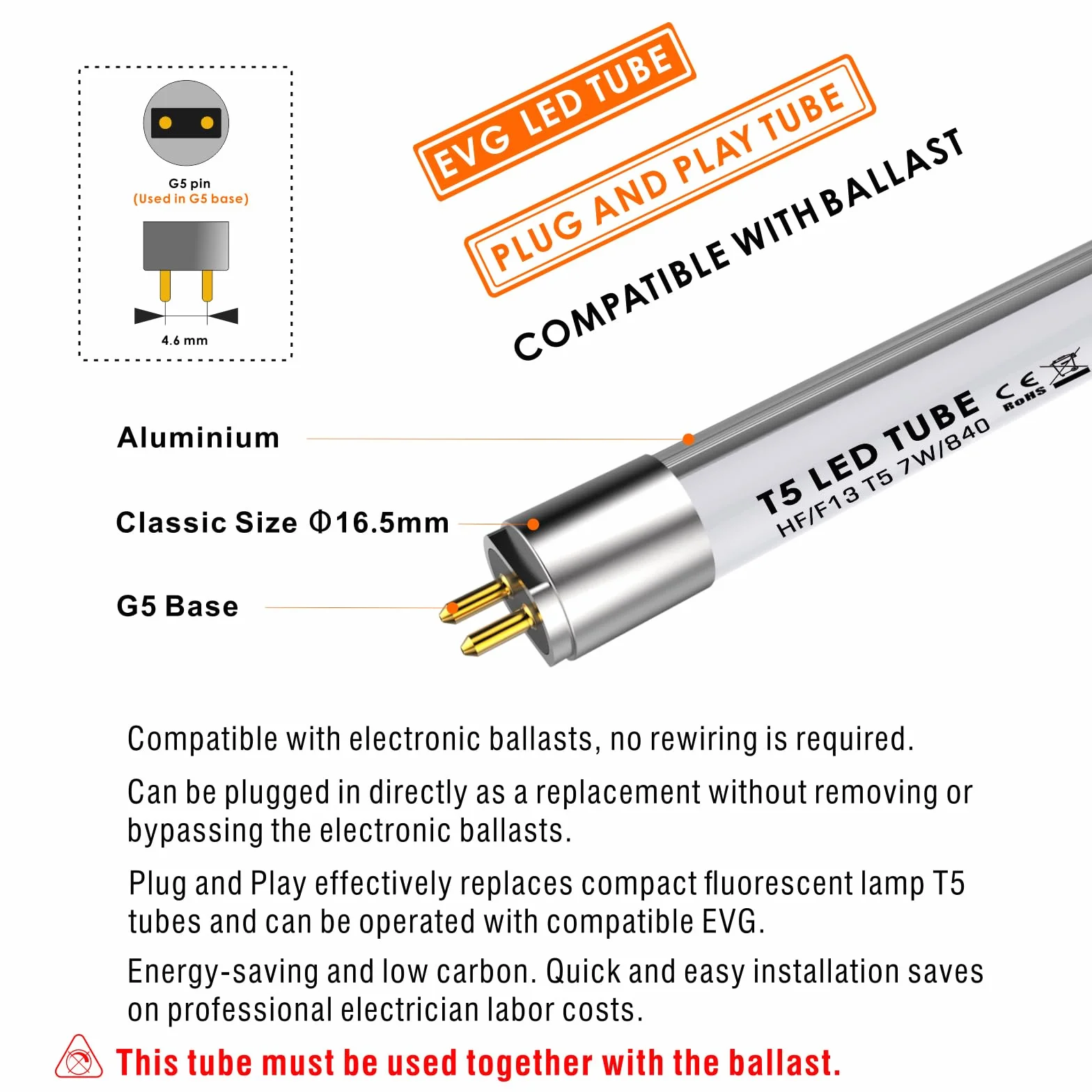 Tube LED T5 7W 4000K 910 lumens Angle 300° Remplace G5 13W 517mm Sans recâblage