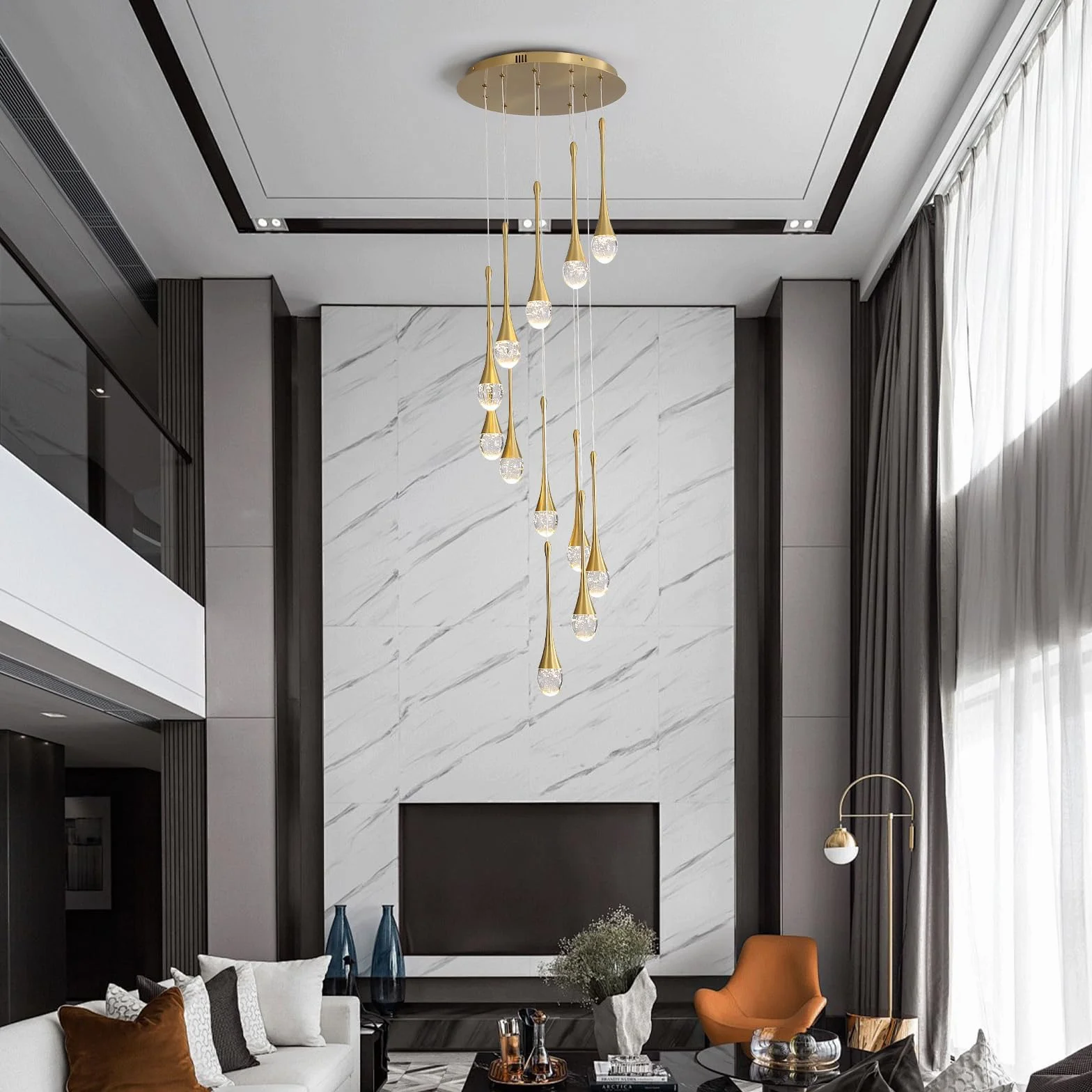 Lustres suspendus en cristal à 12 lumières dorées en forme de goutte de pluie 120 '' / 305 cm de haut Foyers d'entrée Lustres d'entrée StaircaseBig Crystal Bubble 3000-6000K Dimmbale LED Luminaires