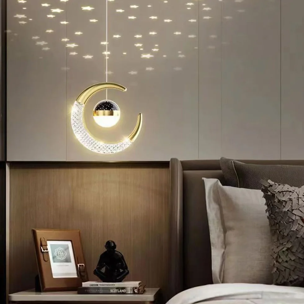Plafonnier LED Lune et étoiles Lustre Chambre Enfants Doré