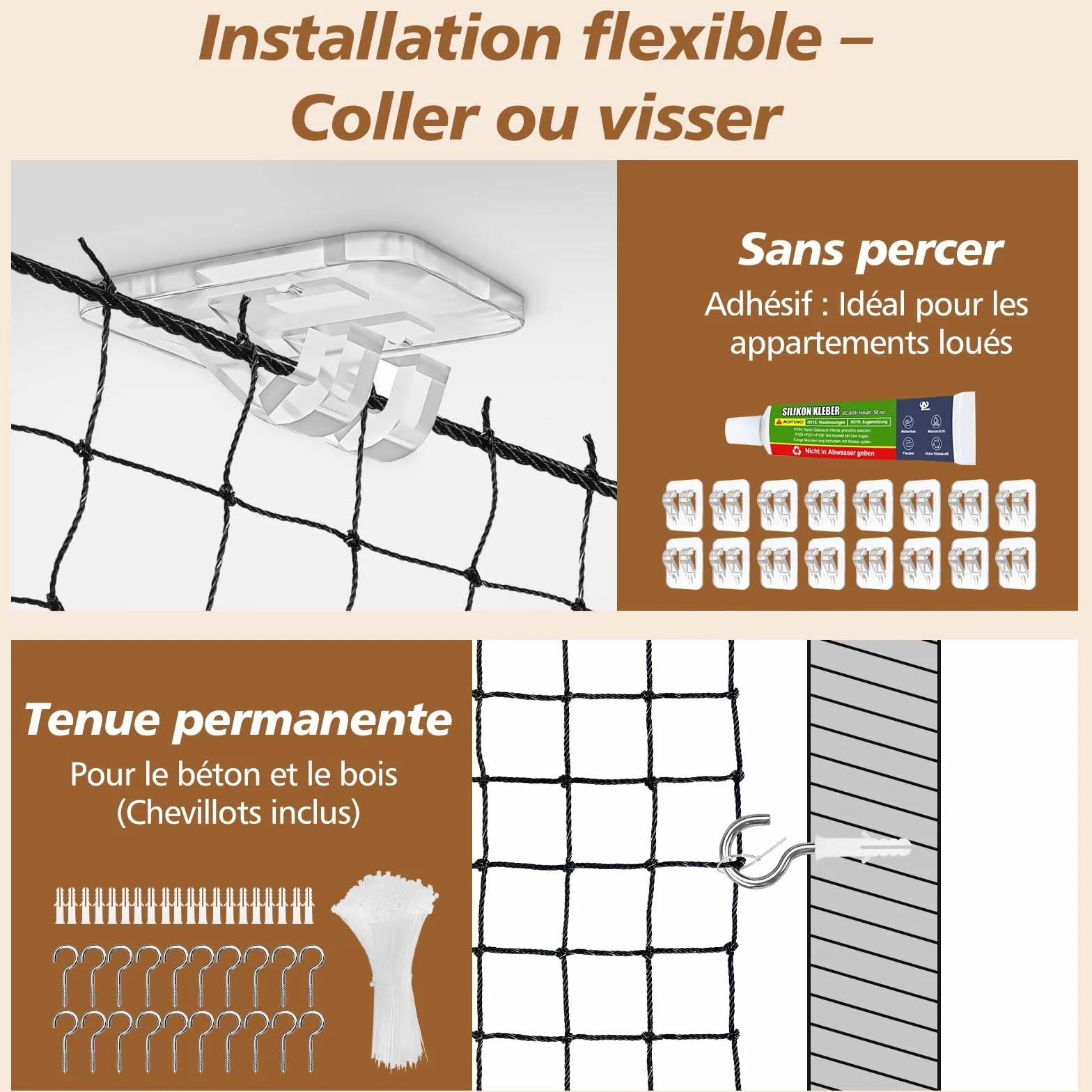 Filet de Balcon sans Percer Renforcé 3x2M Protection Chat avec Crochets Adhésifs Silicone