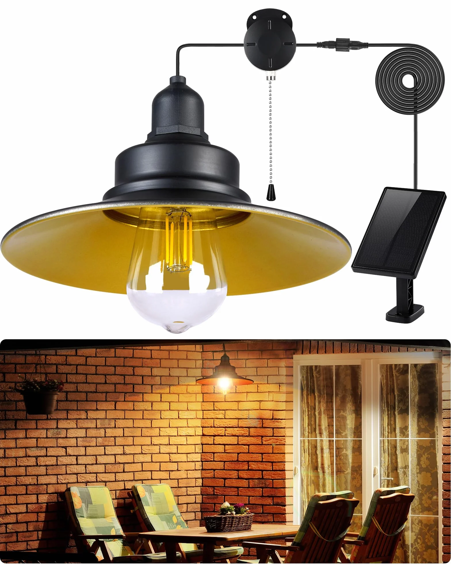 Lampe Solaire Intérieur Extérieur IP65 E27 Interrupteur à Tirette Suspendue Éclairage Jardin Pergola