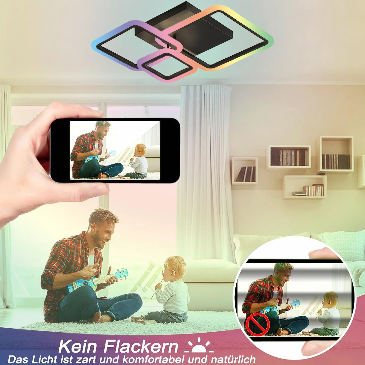 Plafonnier LED RGB 84W avec Haut-parleur Bluetooth Dimmable Lampe de Plafond Carré Moderne