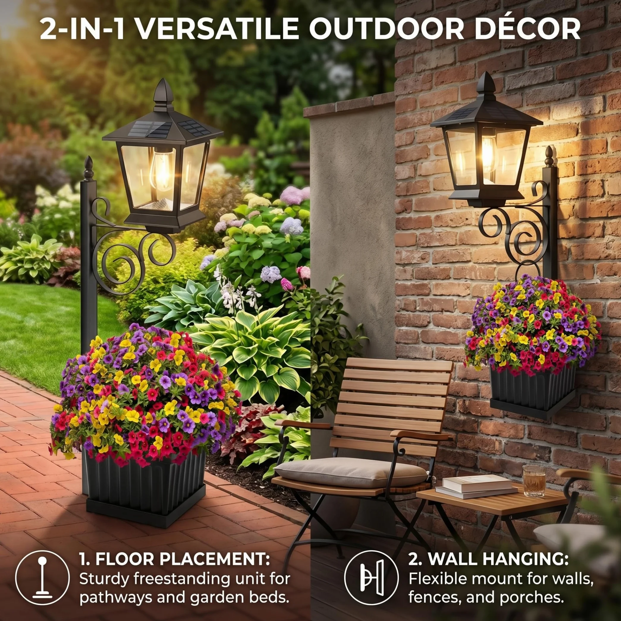 Lampadaire Solaire 2 en 1 avec Jardinière, IP65 Étanche, Support Mural et Sol