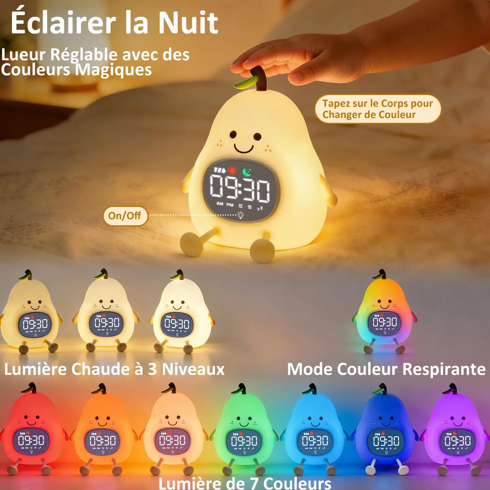 Réveil Enfant Éducatif Jour/Nuit Lumineux en Silicone avec Veilleuse